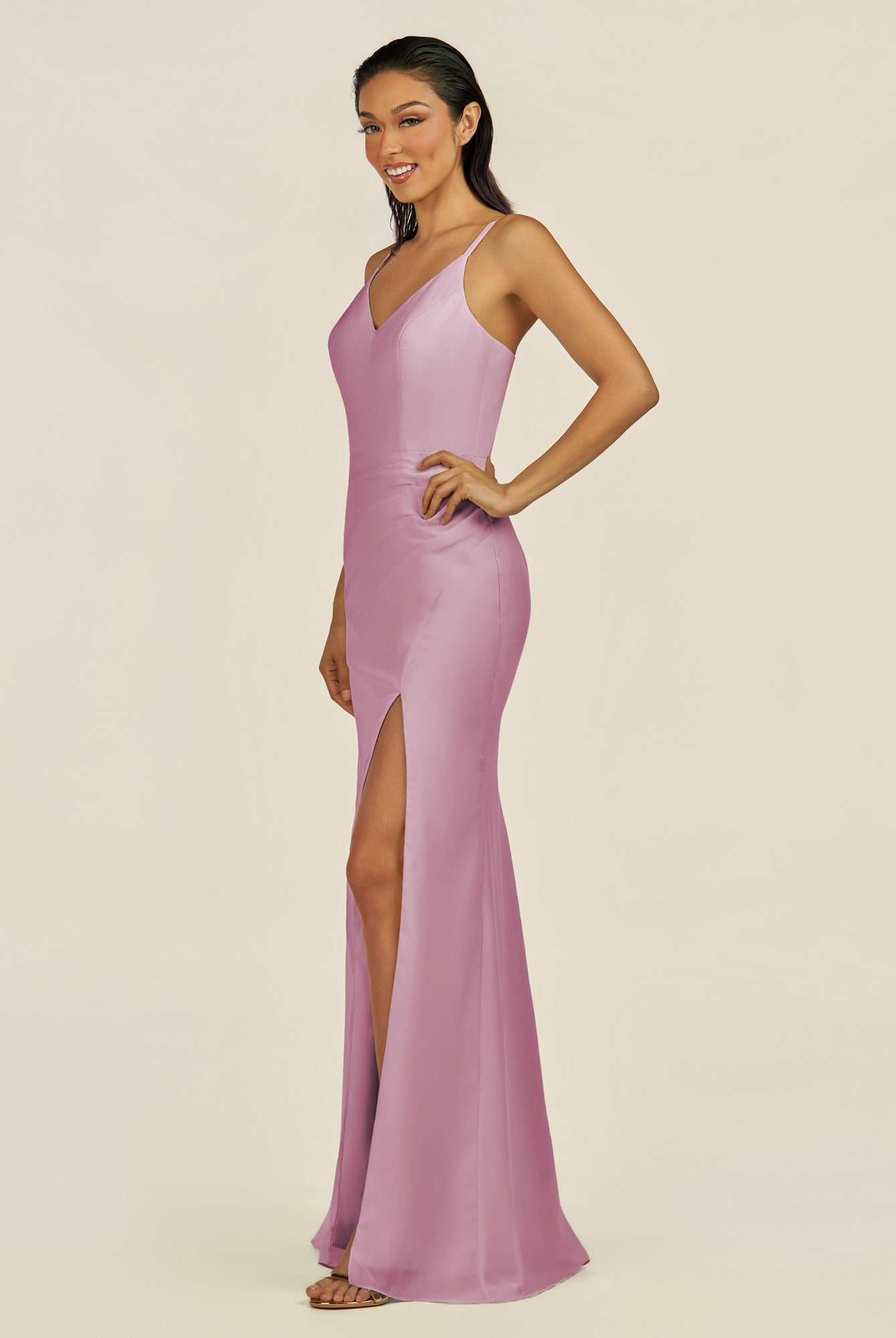 KissDress-Santillia Vintage Mauve Sheath Chiffon V Neck Long Bridesmaid Dress with Slit