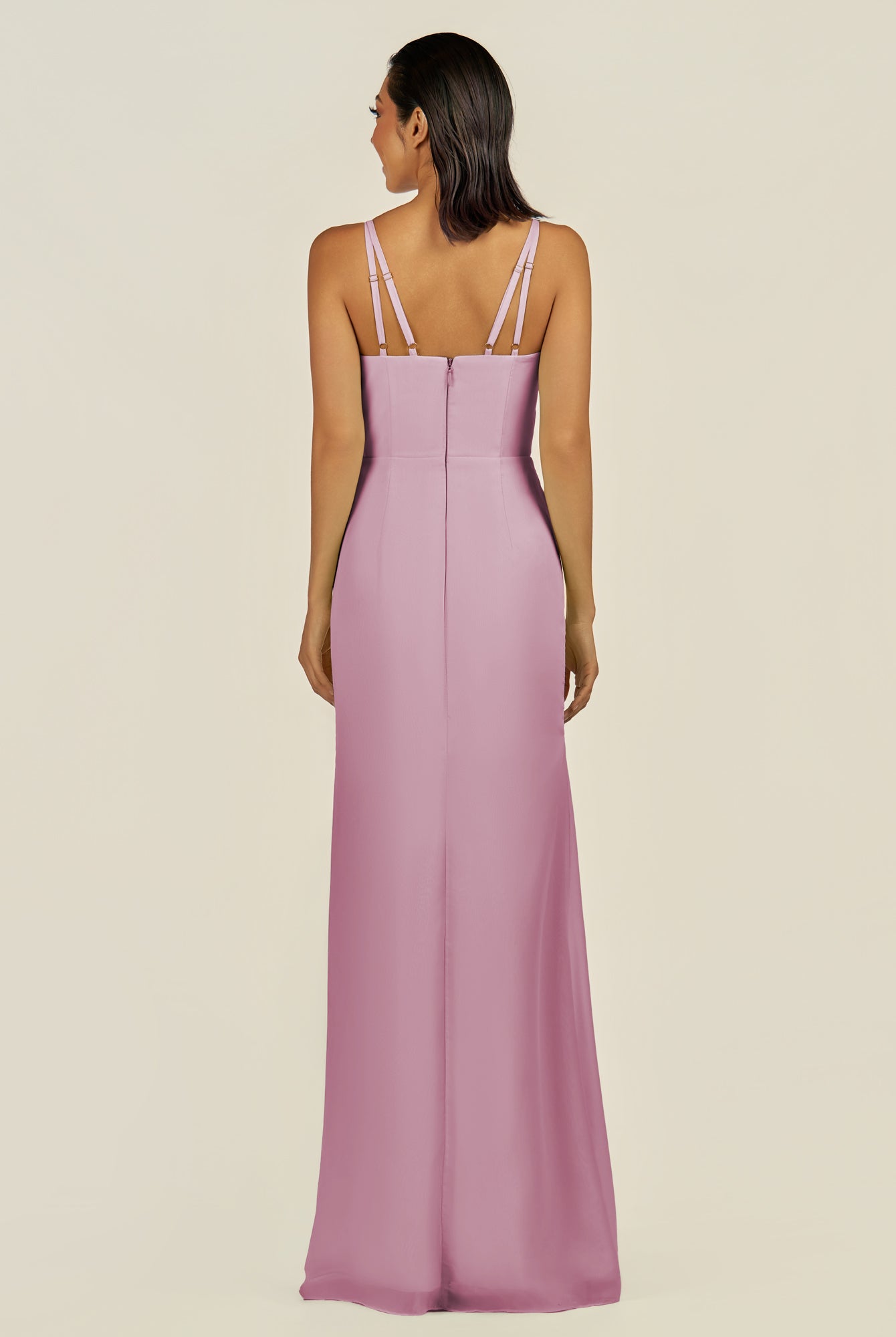 KissDress-Santillia Vintage Mauve Sheath Chiffon V Neck Long Bridesmaid Dress with Slit