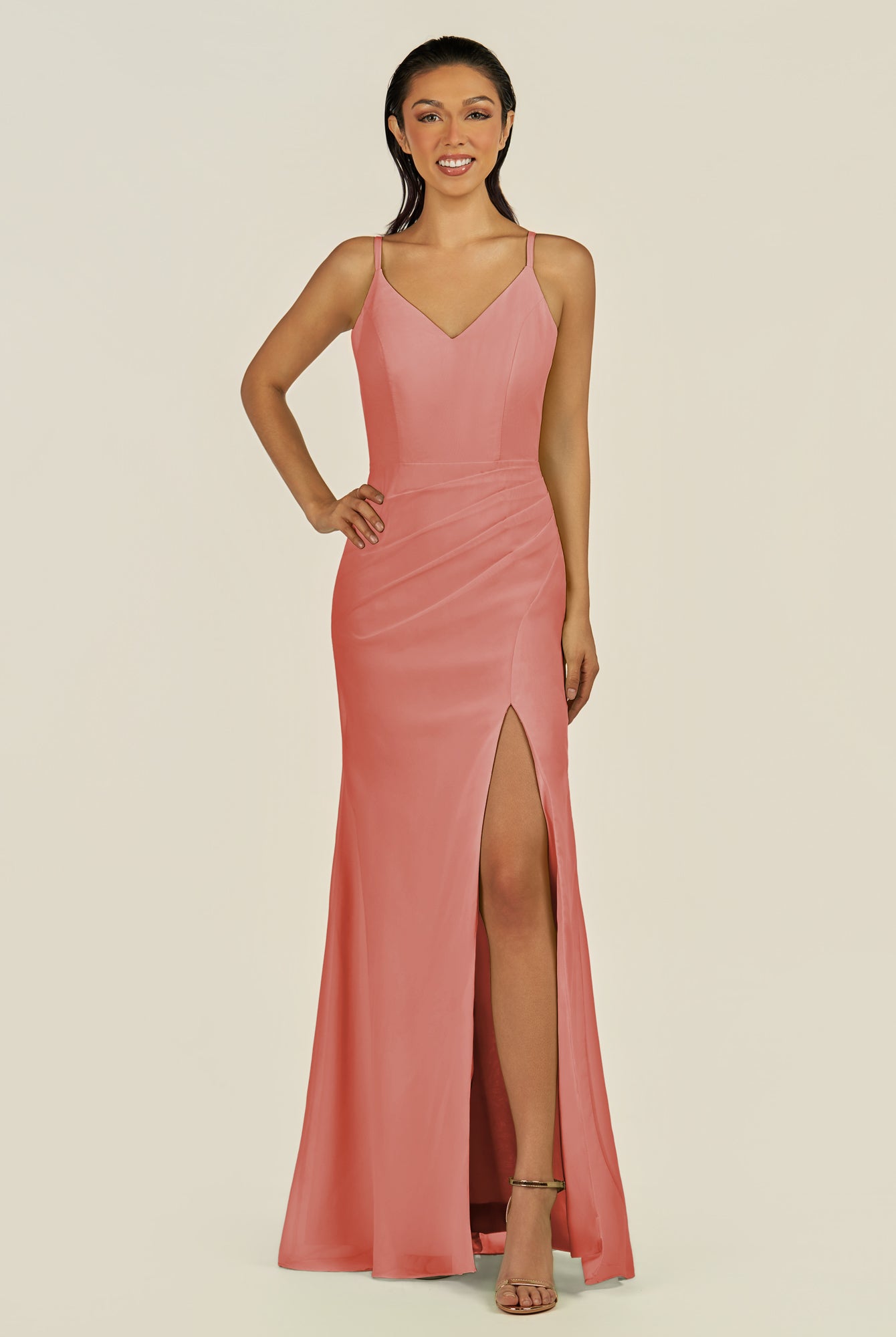 KissDress-Santillia Wild Rose Sheath Chiffon V Neck Long Bridesmaid Dress with Slit