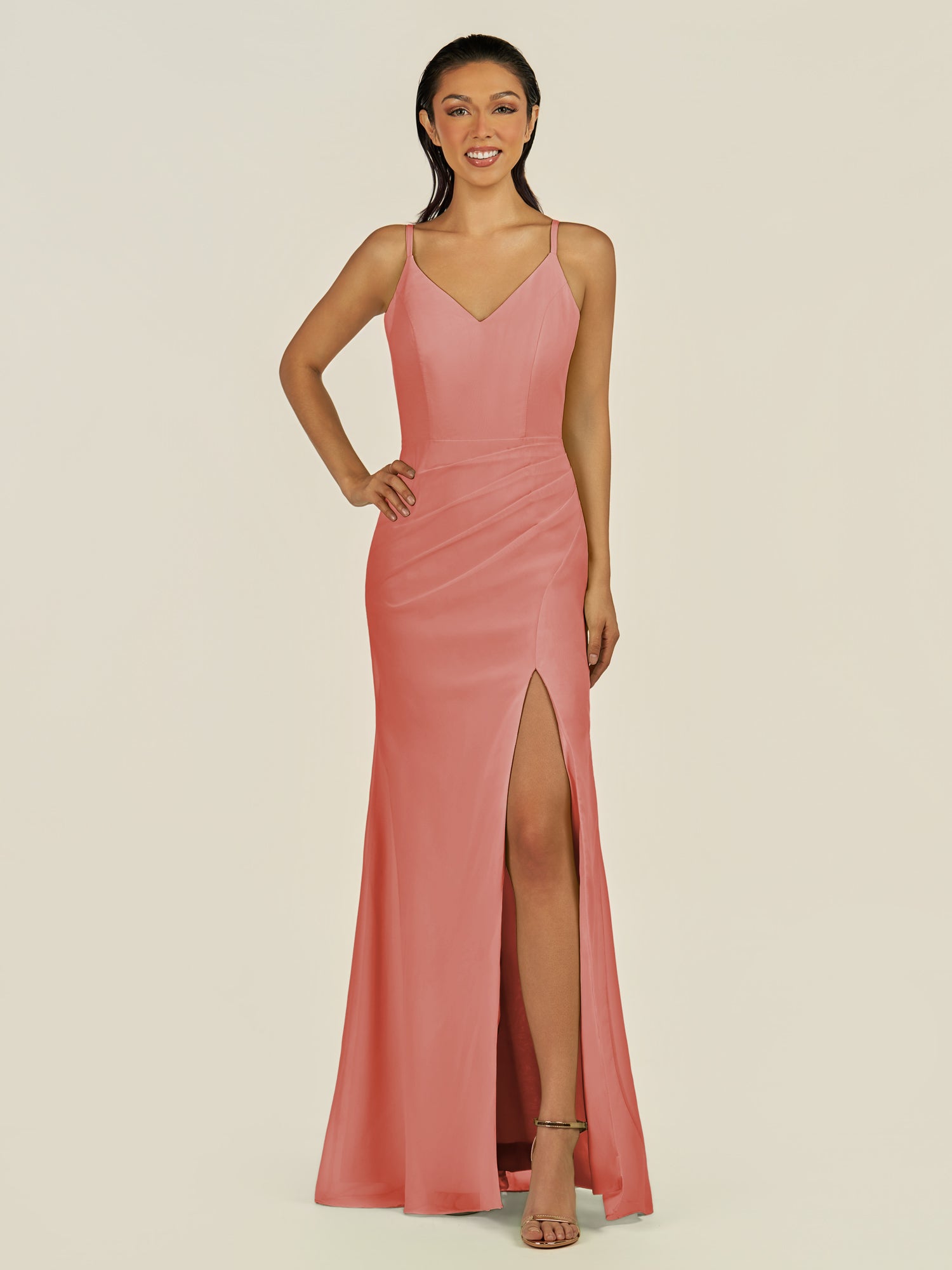 KissDress-Santillia Wild Rose Sheath Chiffon V Neck Long Bridesmaid Dress with Slit
