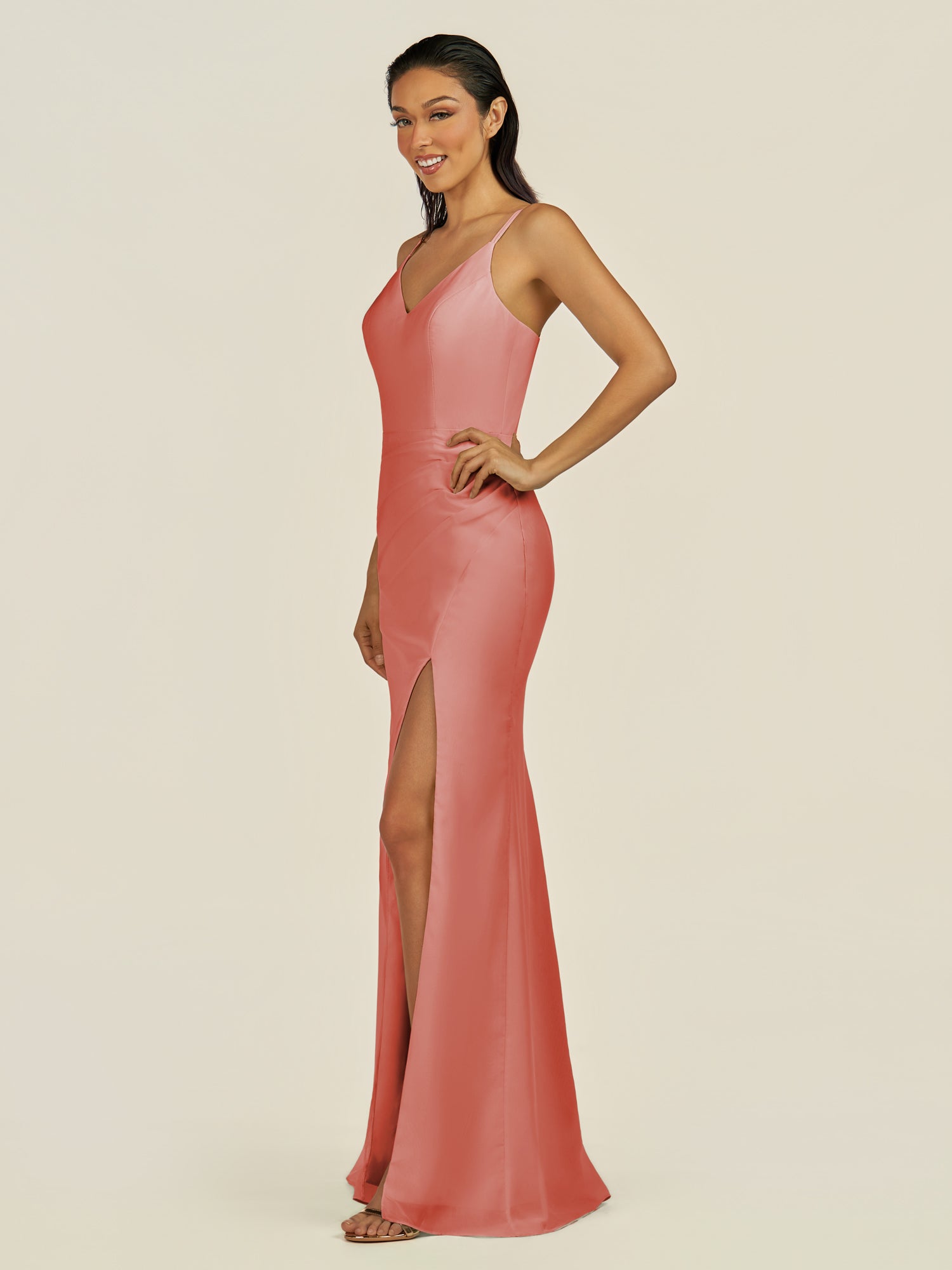KissDress-Santillia Wild Rose Sheath Chiffon V Neck Long Bridesmaid Dress with Slit
