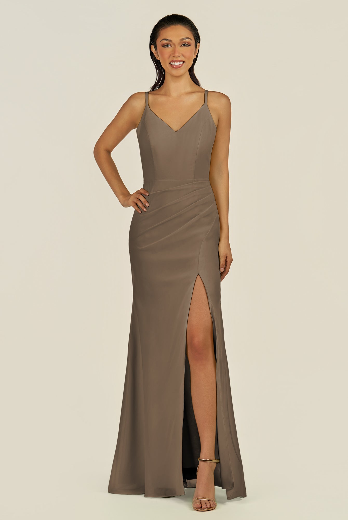 KissDress-Santillia Willow Green Sheath Chiffon V Neck Long Bridesmaid Dress with Slit