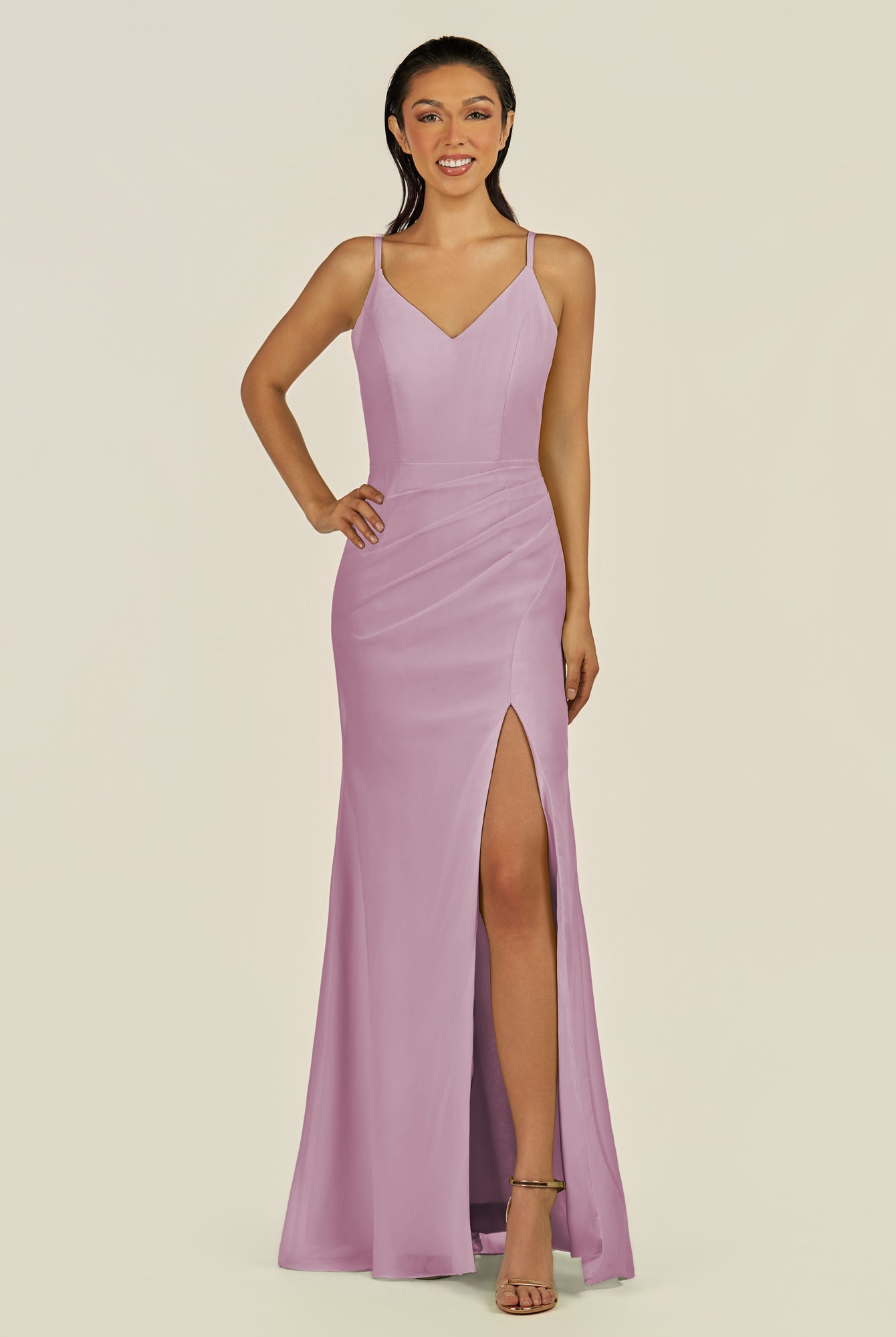 KissDress-Santillia Wisteria Sheath Chiffon V Neck Long Bridesmaid Dress with Slit