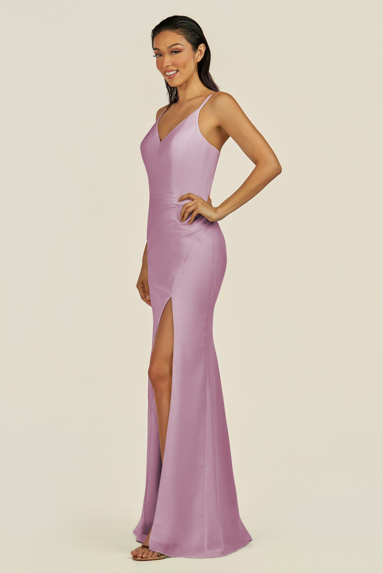 KissDress-Santillia Wisteria Sheath Chiffon V Neck Long Bridesmaid Dress with Slit