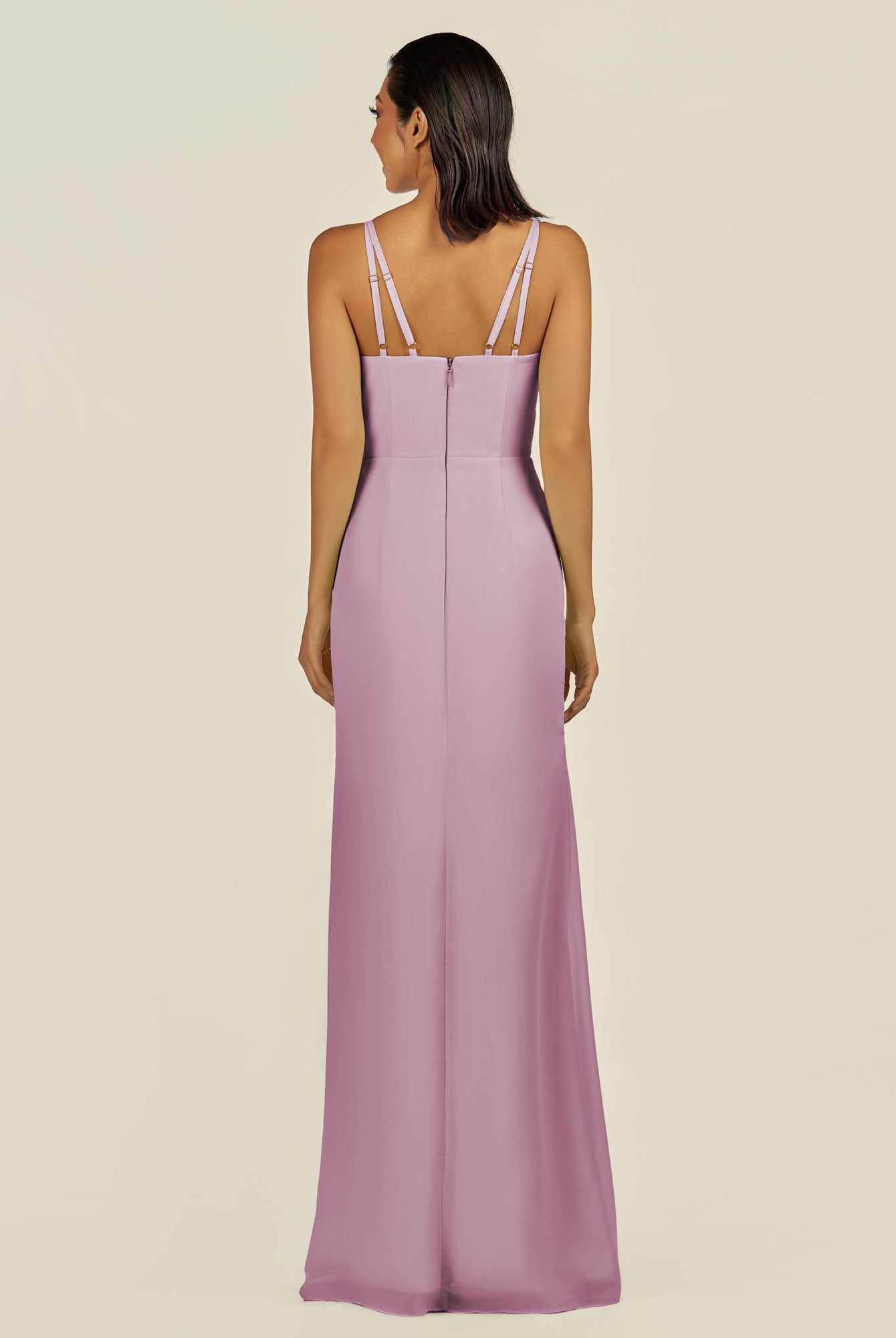 KissDress-Santillia Wisteria Sheath Chiffon V Neck Long Bridesmaid Dress with Slit