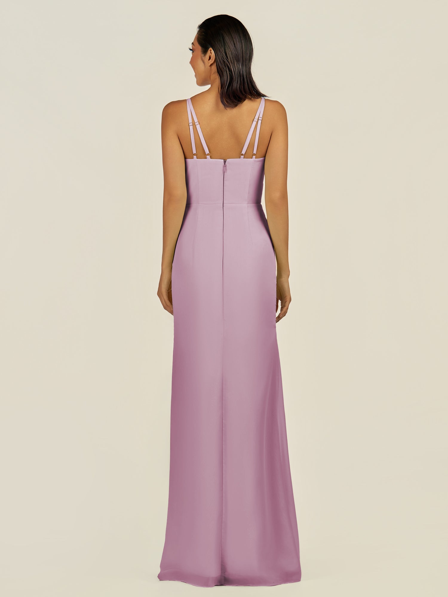 KissDress-Santillia Wisteria Sheath Chiffon V Neck Long Bridesmaid Dress with Slit