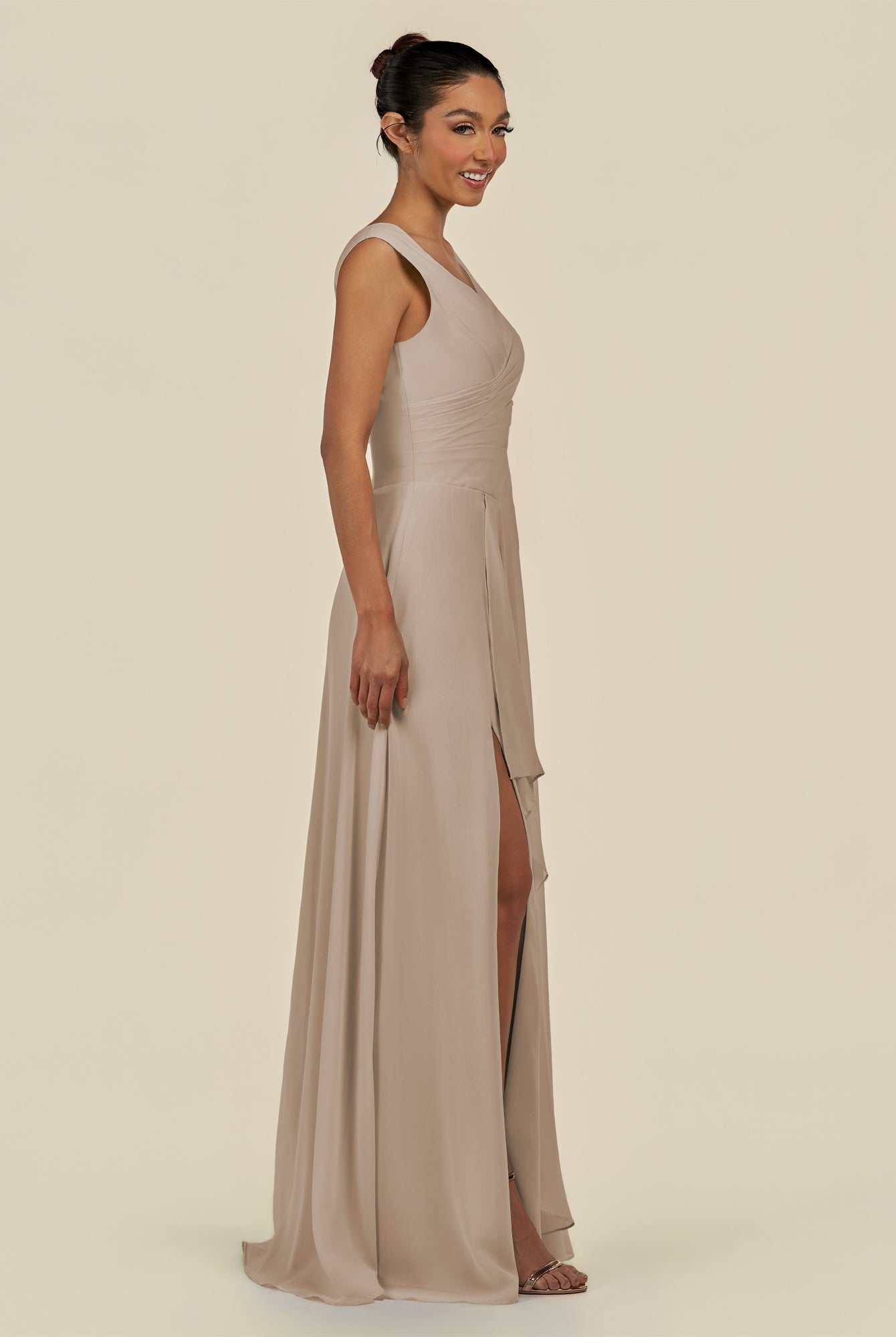 KissDress-Saphir Almond A Line Chiffon V Neck Ruched Long Bridesmaid Dress with Slit