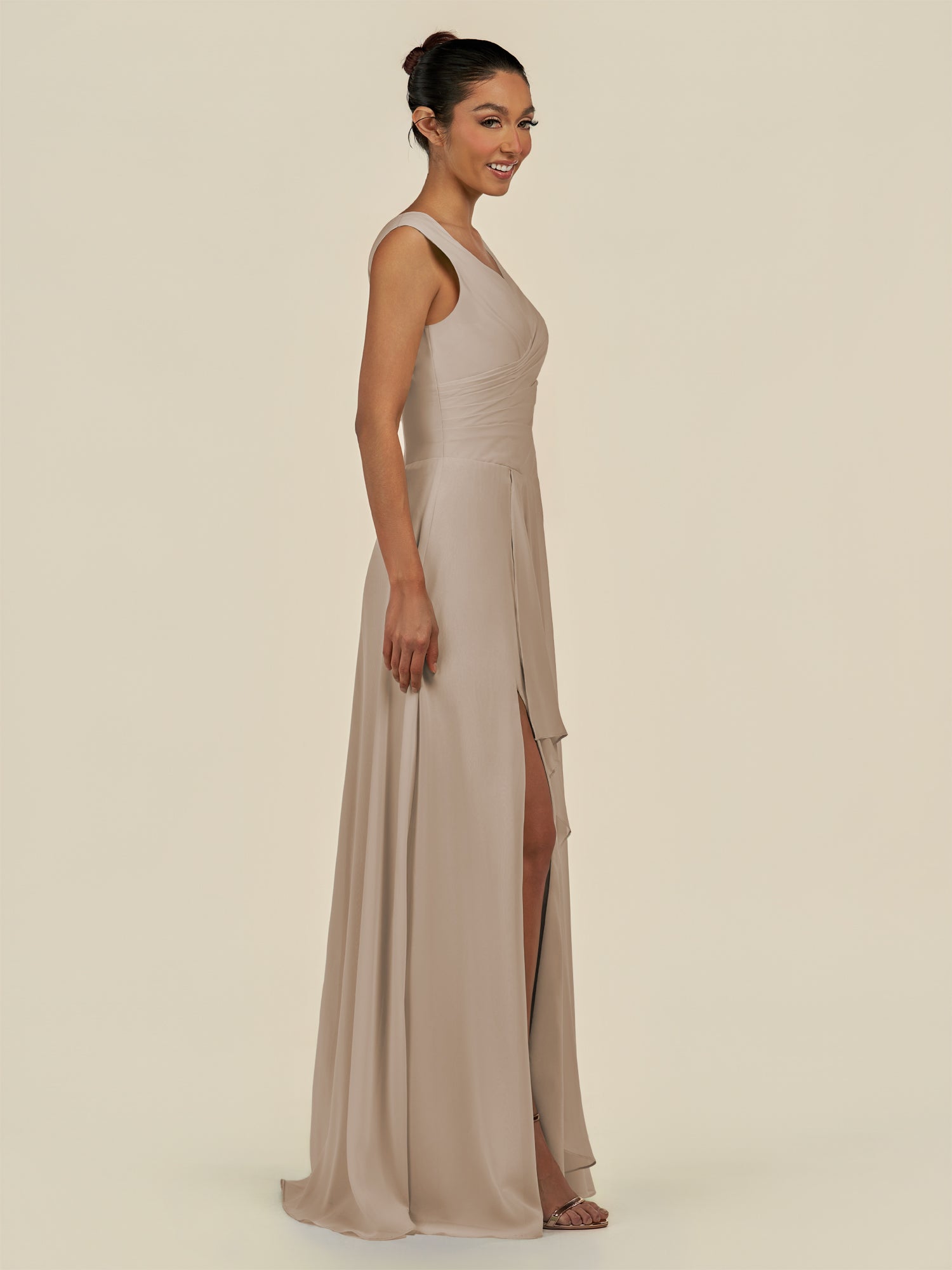 KissDress-Saphir Almond A Line Chiffon V Neck Ruched Long Bridesmaid Dress with Slit