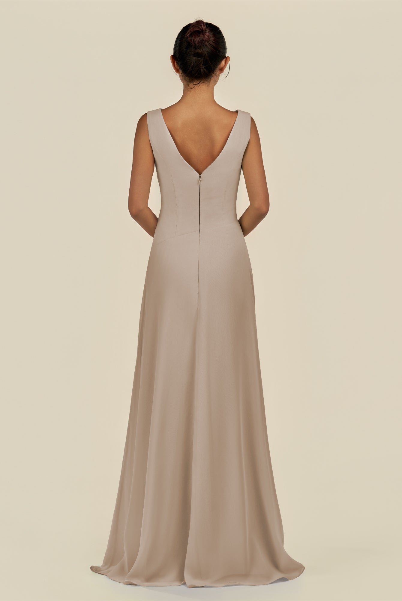 KissDress-Saphir Almond A Line Chiffon V Neck Ruched Long Bridesmaid Dress with Slit