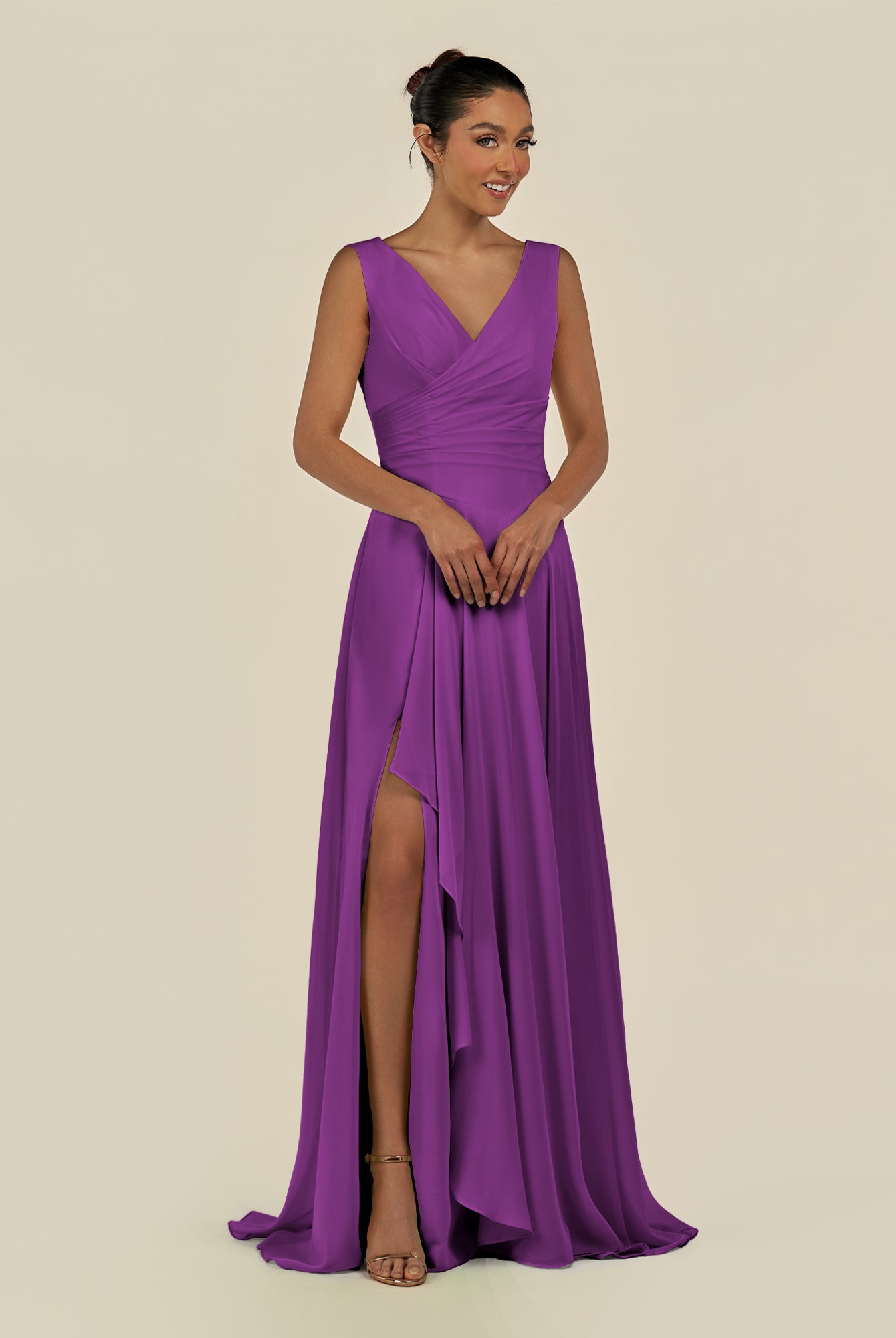 KissDress-Saphir Amethyst A Line Chiffon V Neck Ruched Long Bridesmaid Dress with Slit