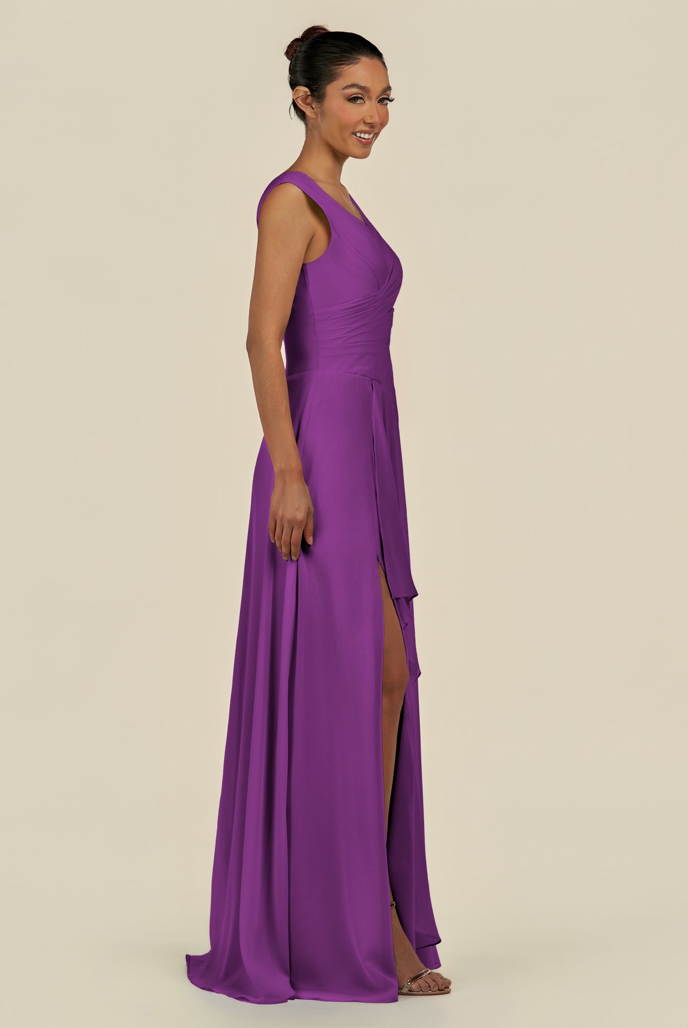 KissDress-Saphir Amethyst A Line Chiffon V Neck Ruched Long Bridesmaid Dress with Slit