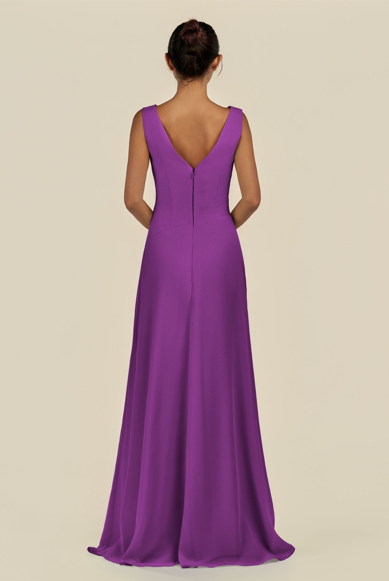 KissDress-Saphir Amethyst A Line Chiffon V Neck Ruched Long Bridesmaid Dress with Slit