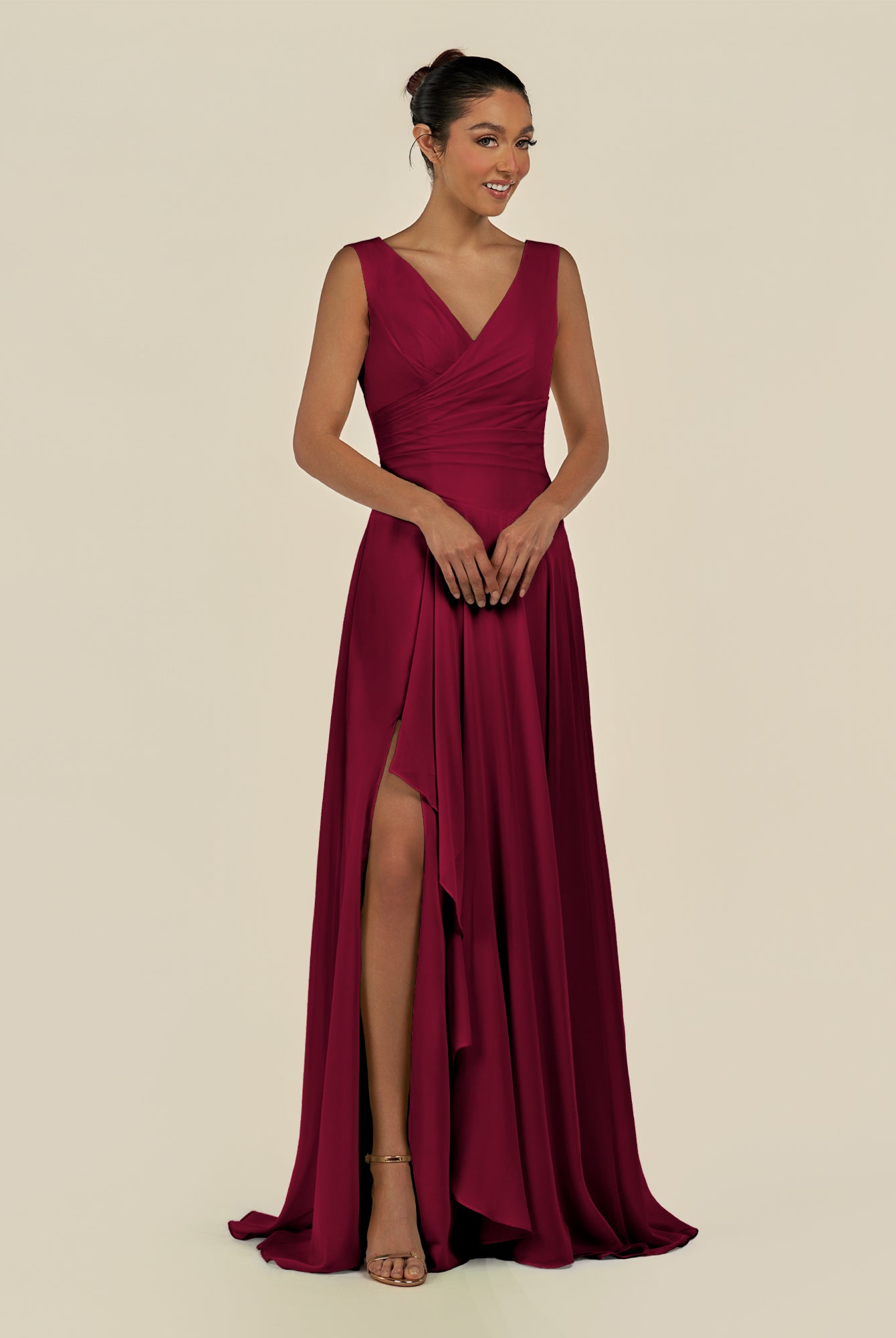 KissDress-Saphir Berry A Line Chiffon V Neck Ruched Long Bridesmaid Dress with Slit