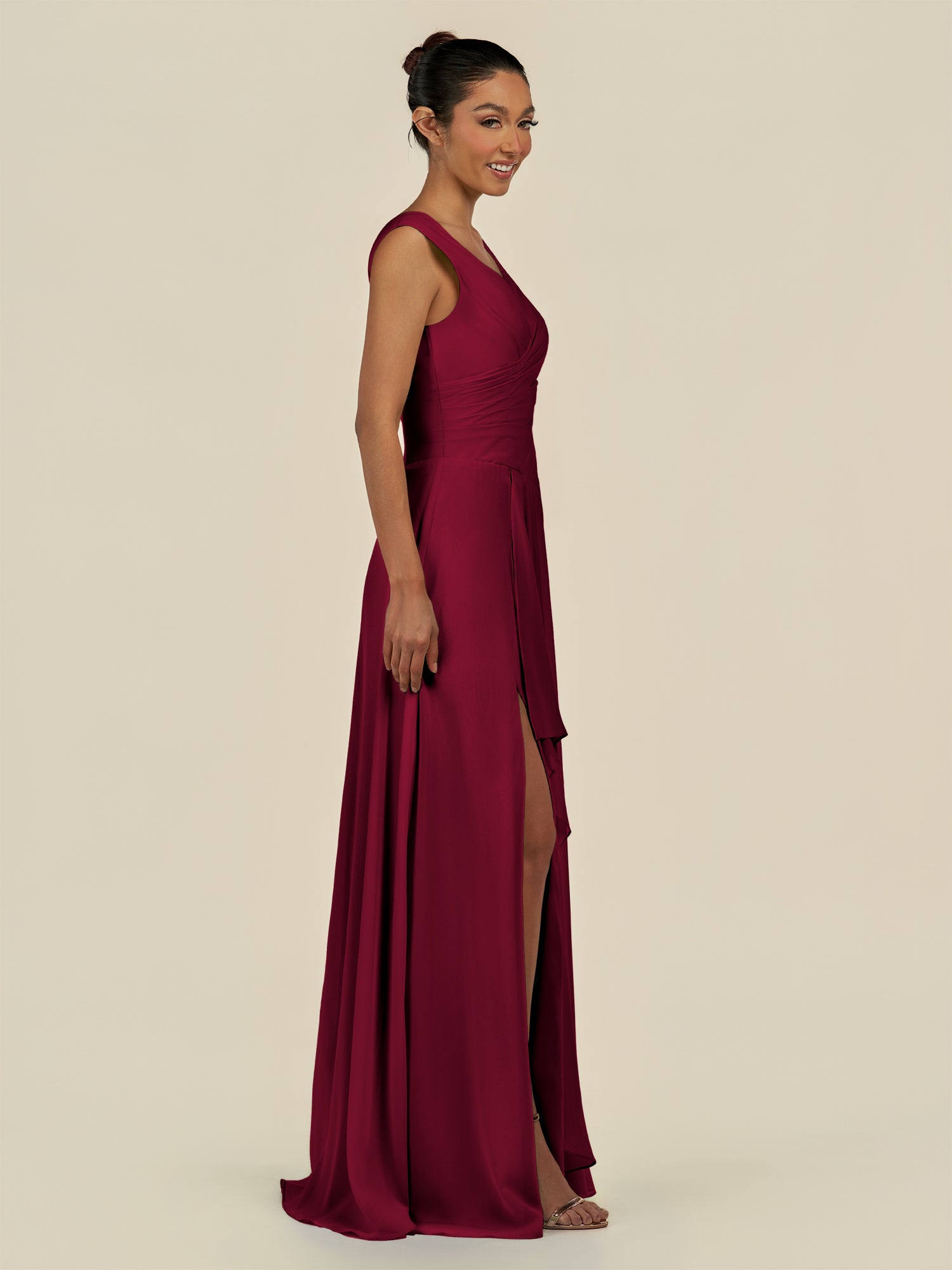 KissDress-Saphir Berry A Line Chiffon V Neck Ruched Long Bridesmaid Dress with Slit