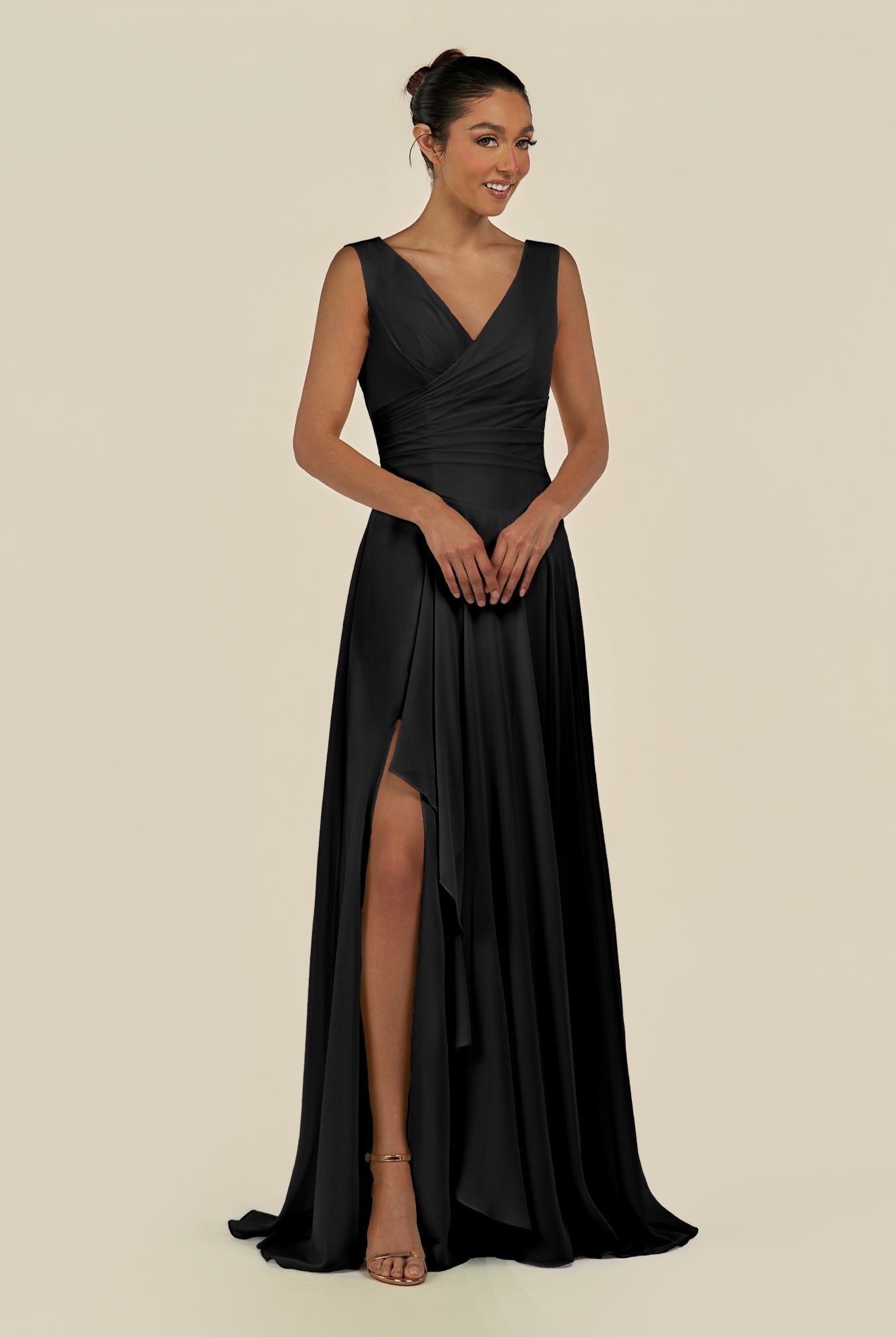 KissDress-Saphir Black A Line Chiffon V Neck Ruched Long Bridesmaid Dress with Slit