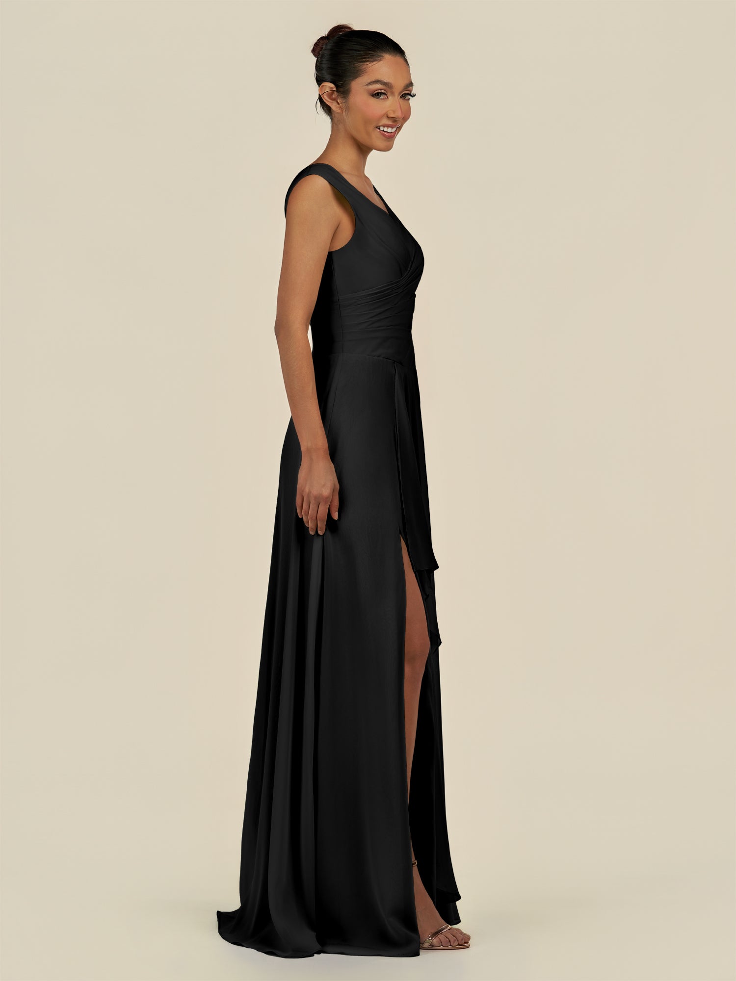 KissDress-Saphir Black A Line Chiffon V Neck Ruched Long Bridesmaid Dress with Slit