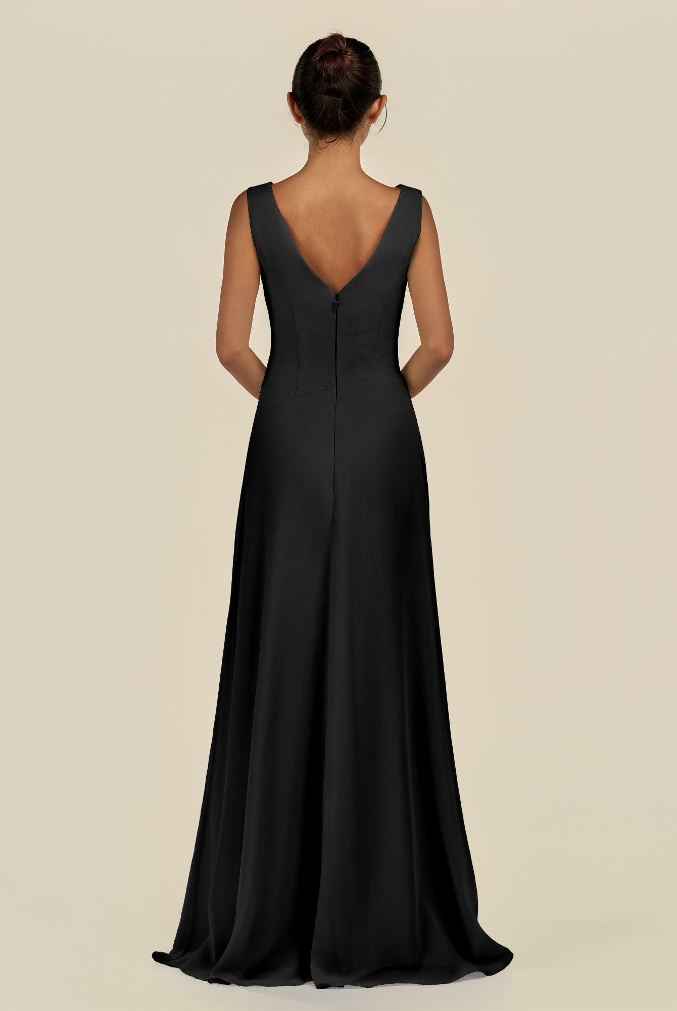 KissDress-Saphir Black A Line Chiffon V Neck Ruched Long Bridesmaid Dress with Slit