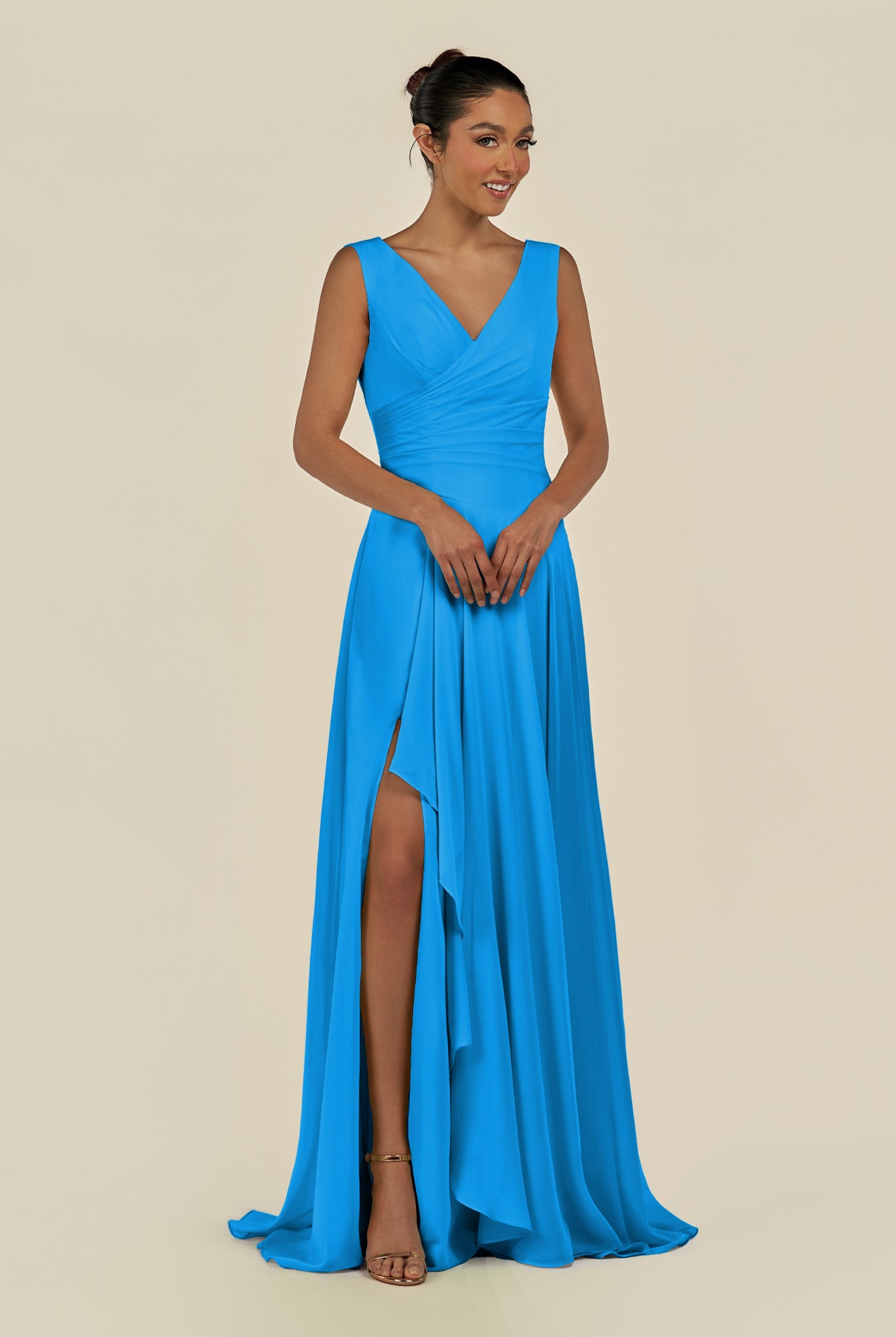 KissDress-Saphir Blue Jay A Line Chiffon V Neck Ruched Long Bridesmaid Dress with Slit