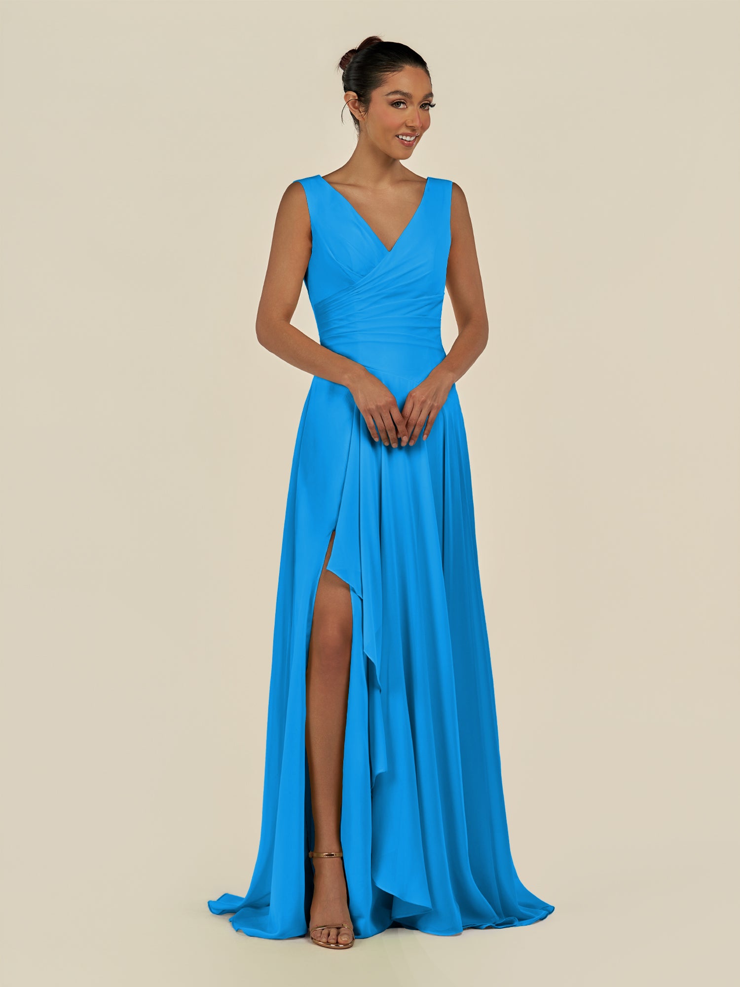 KissDress-Saphir Blue Jay A Line Chiffon V Neck Ruched Long Bridesmaid Dress with Slit