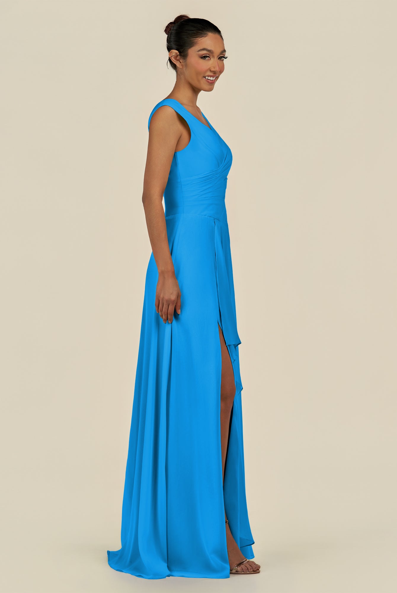 KissDress-Saphir Blue Jay A Line Chiffon V Neck Ruched Long Bridesmaid Dress with Slit