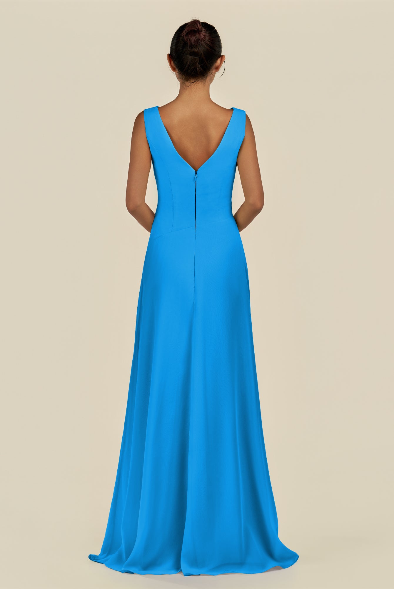 KissDress-Saphir Blue Jay A Line Chiffon V Neck Ruched Long Bridesmaid Dress with Slit