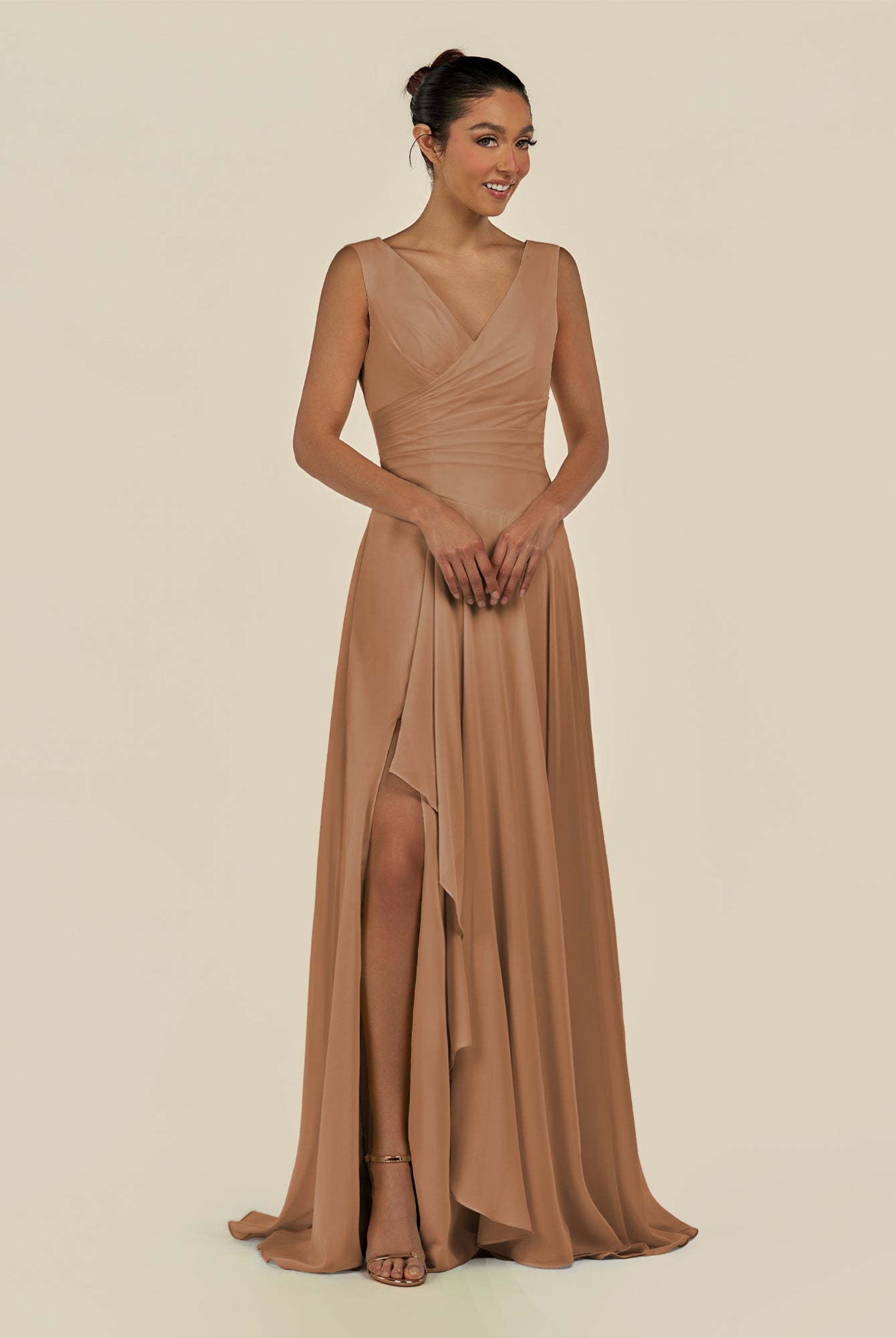 KissDress-Saphir Bronzer A Line Chiffon V Neck Ruched Long Bridesmaid Dress with Slit