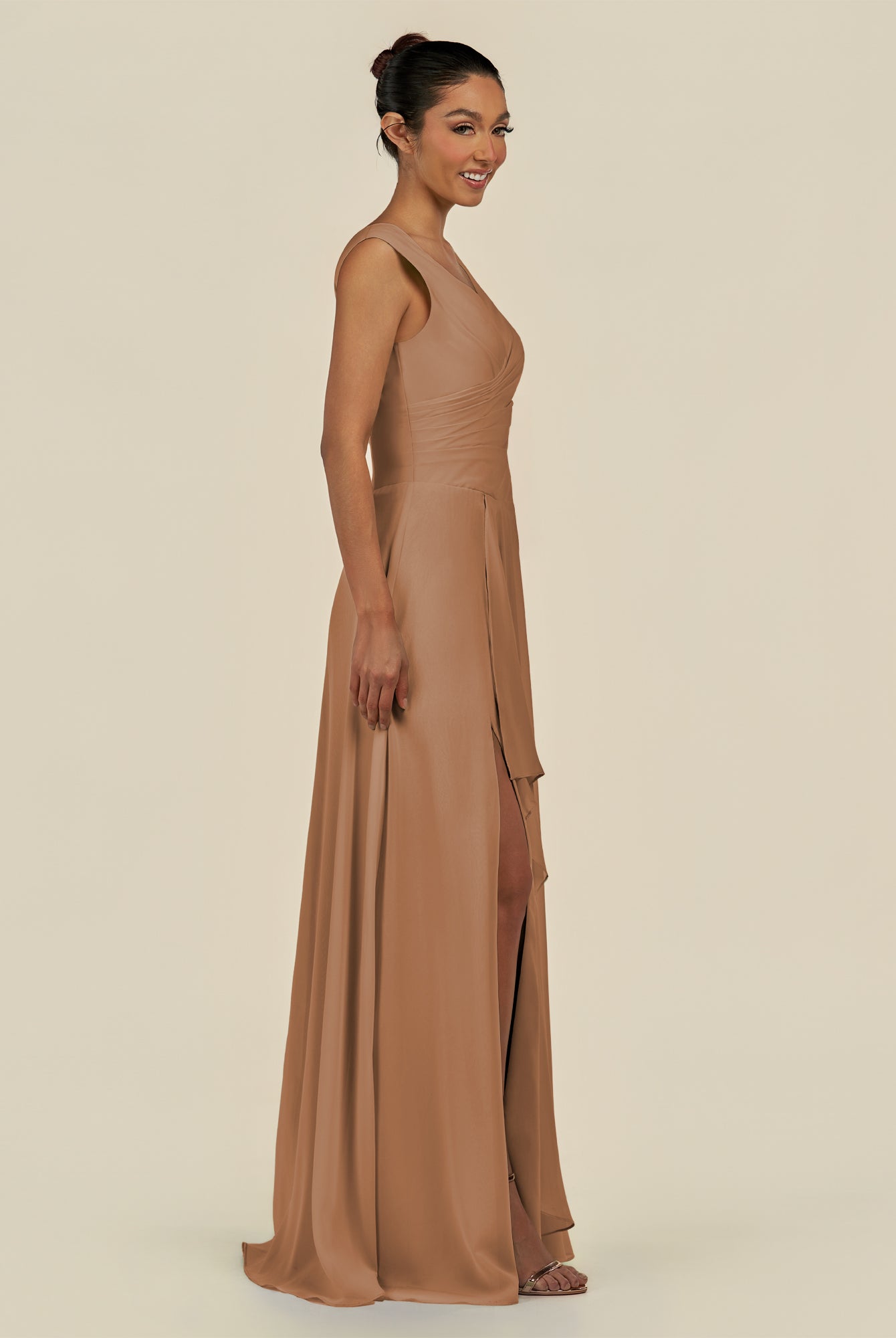 KissDress-Saphir Bronzer A Line Chiffon V Neck Ruched Long Bridesmaid Dress with Slit