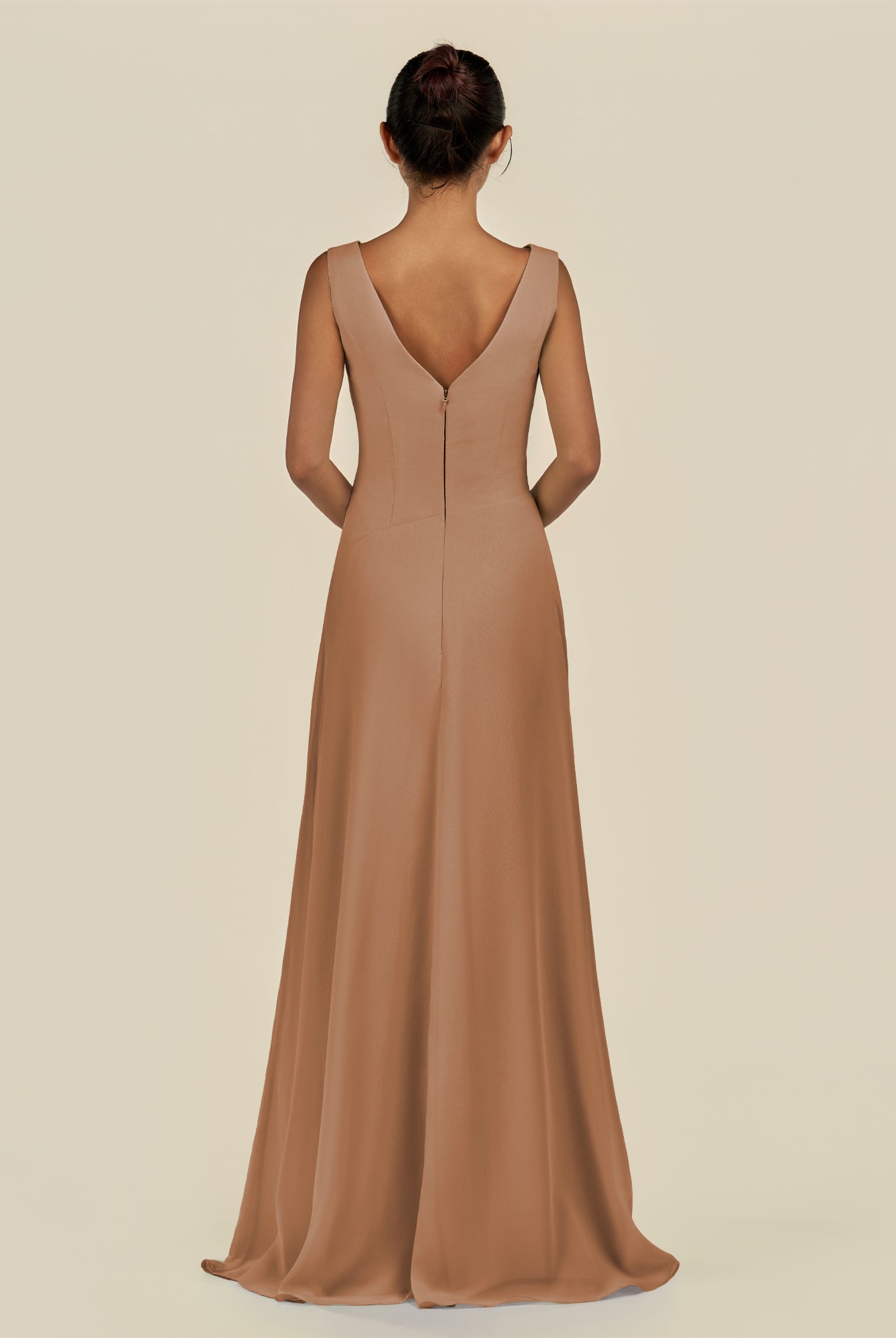KissDress-Saphir Bronzer A Line Chiffon V Neck Ruched Long Bridesmaid Dress with Slit