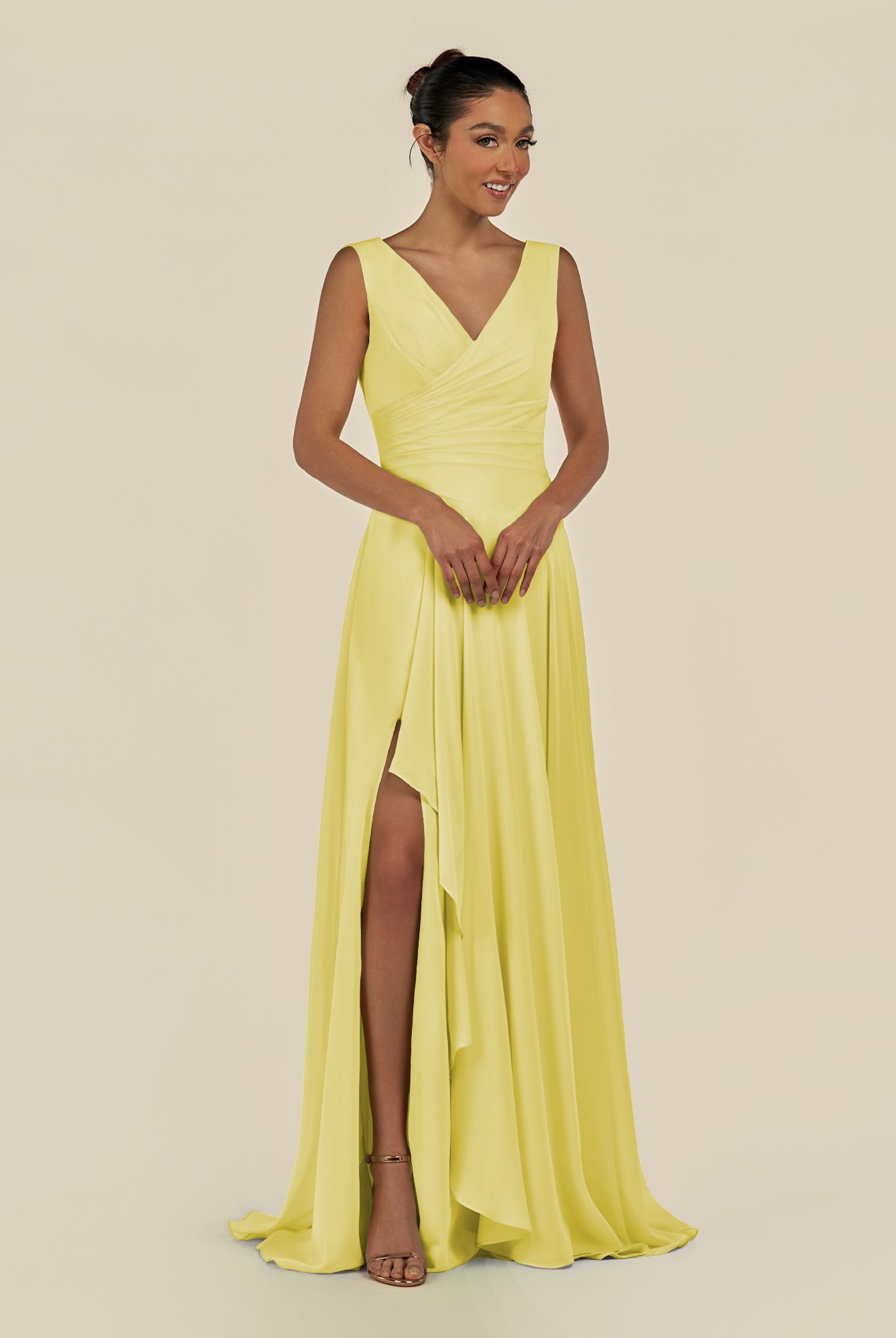 KissDress-Saphir Buttercup A Line Chiffon V Neck Ruched Long Bridesmaid Dress with Slit