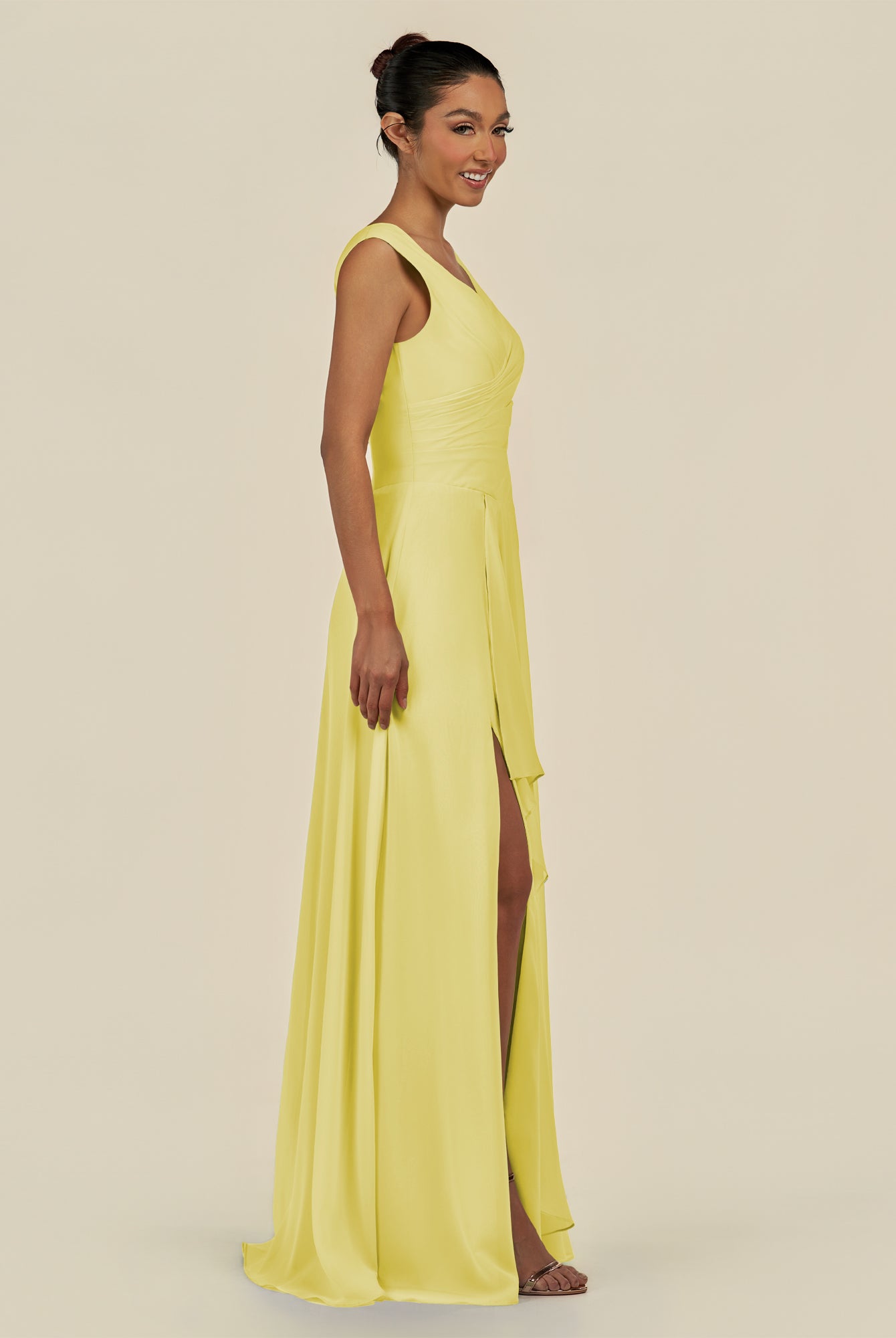 KissDress-Saphir Buttercup A Line Chiffon V Neck Ruched Long Bridesmaid Dress with Slit