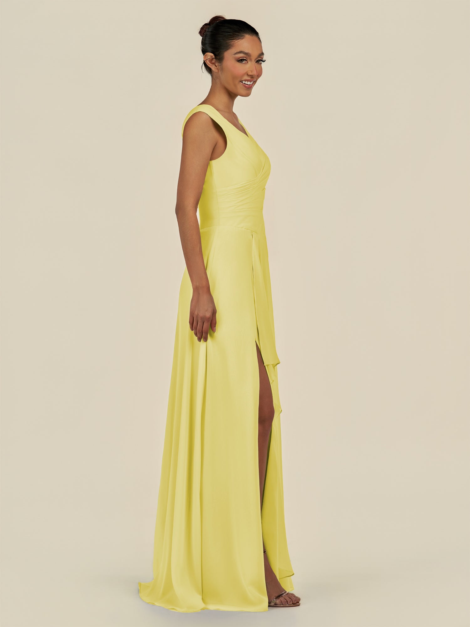 KissDress-Saphir Buttercup A Line Chiffon V Neck Ruched Long Bridesmaid Dress with Slit