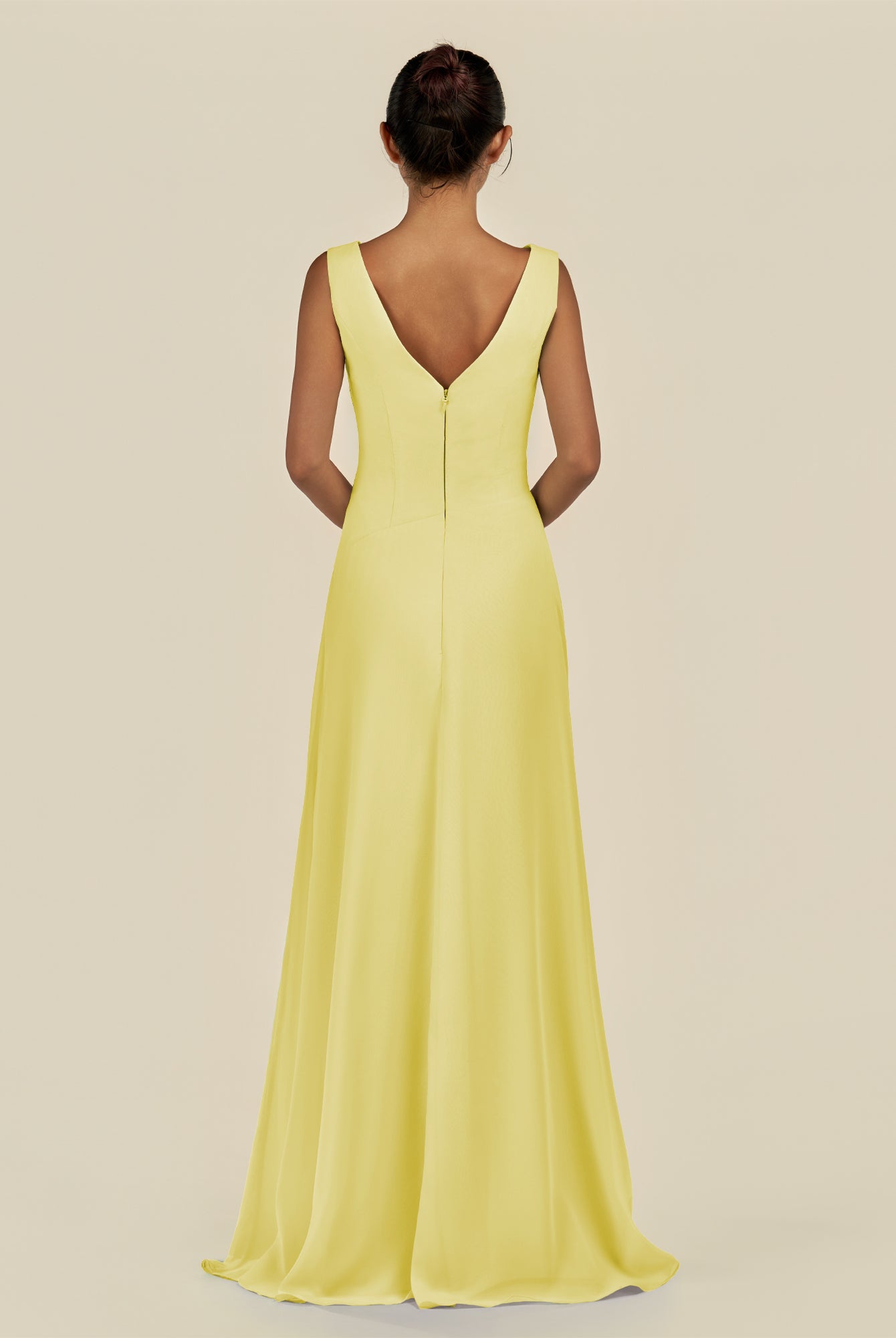 KissDress-Saphir Buttercup A Line Chiffon V Neck Ruched Long Bridesmaid Dress with Slit
