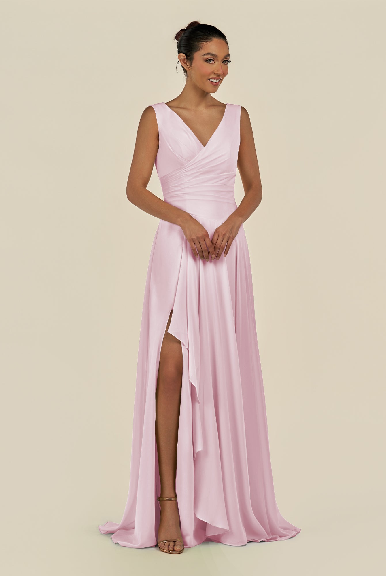 KissDress-Saphir Candy Pink A Line Chiffon V Neck Ruched Long Bridesmaid Dress with Slit