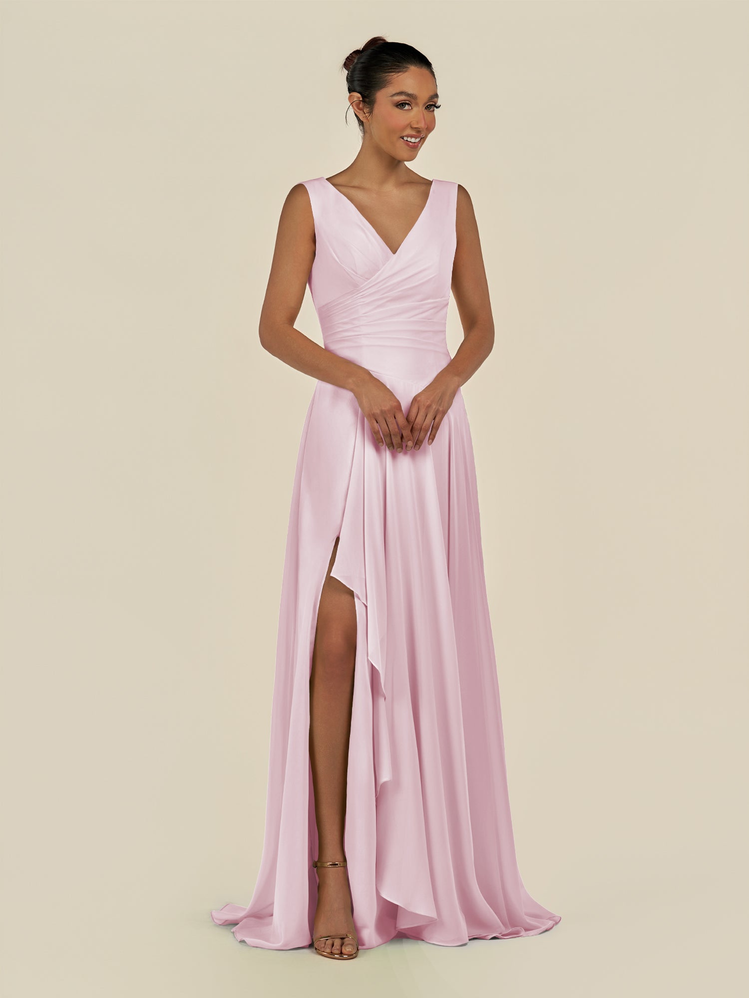 KissDress-Saphir Candy Pink A Line Chiffon V Neck Ruched Long Bridesmaid Dress with Slit