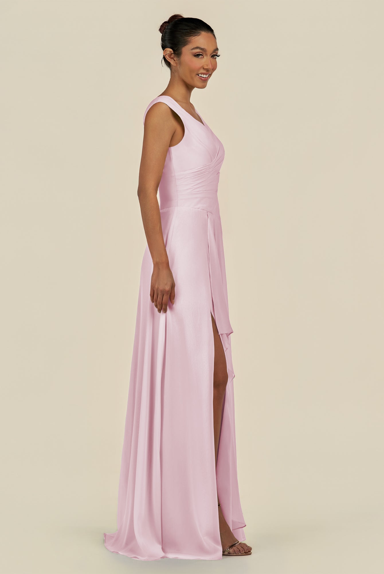 KissDress-Saphir Candy Pink A Line Chiffon V Neck Ruched Long Bridesmaid Dress with Slit