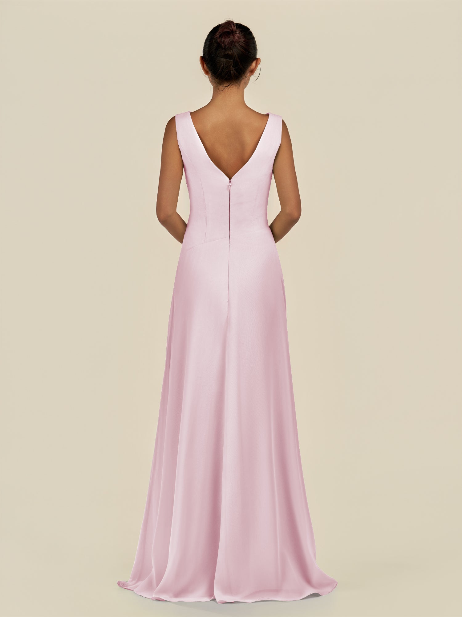 KissDress-Saphir Candy Pink A Line Chiffon V Neck Ruched Long Bridesmaid Dress with Slit
