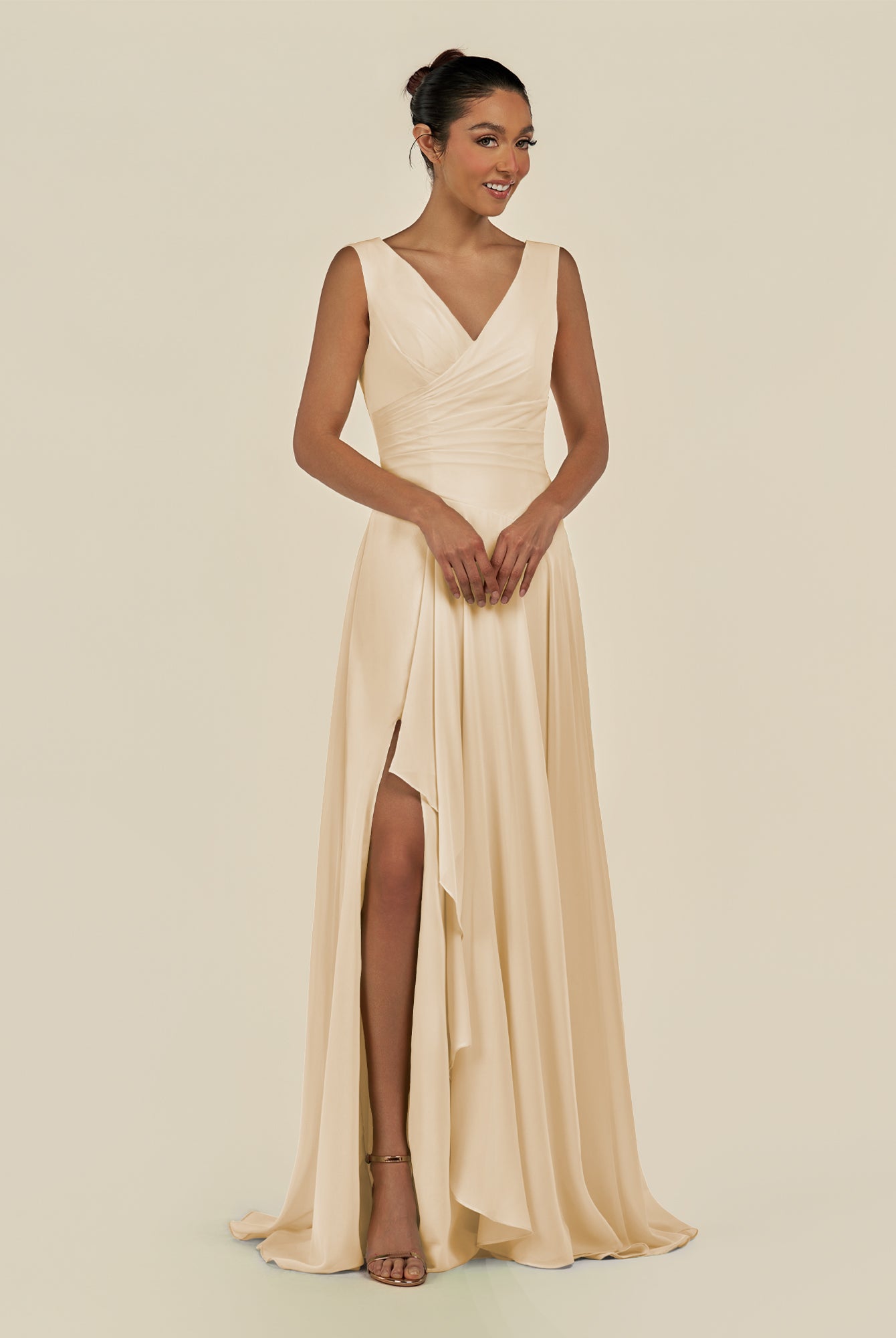 KissDress-Saphir Champagne A Line Chiffon V Neck Ruched Long Bridesmaid Dress with Slit