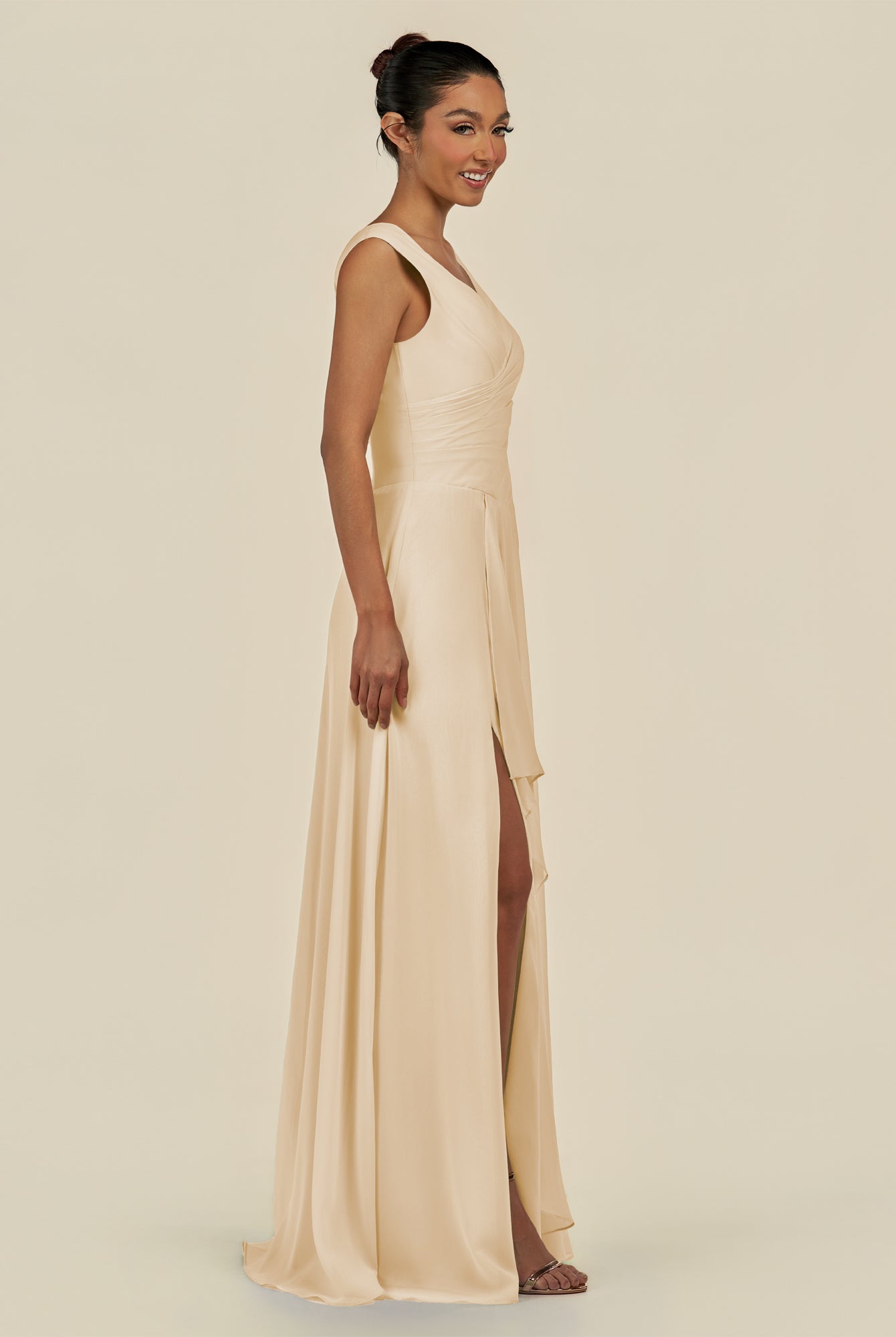 KissDress-Saphir Champagne A Line Chiffon V Neck Ruched Long Bridesmaid Dress with Slit