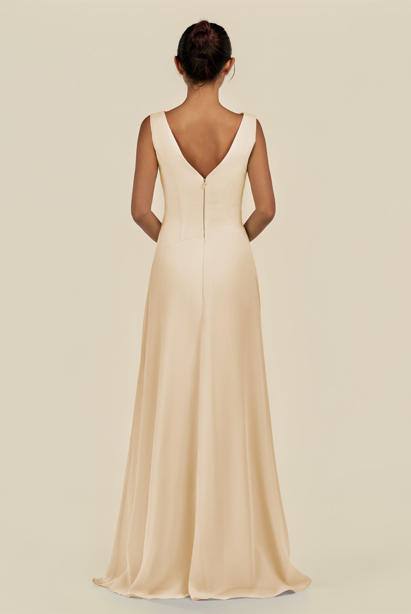KissDress-Saphir Champagne A Line Chiffon V Neck Ruched Long Bridesmaid Dress with Slit
