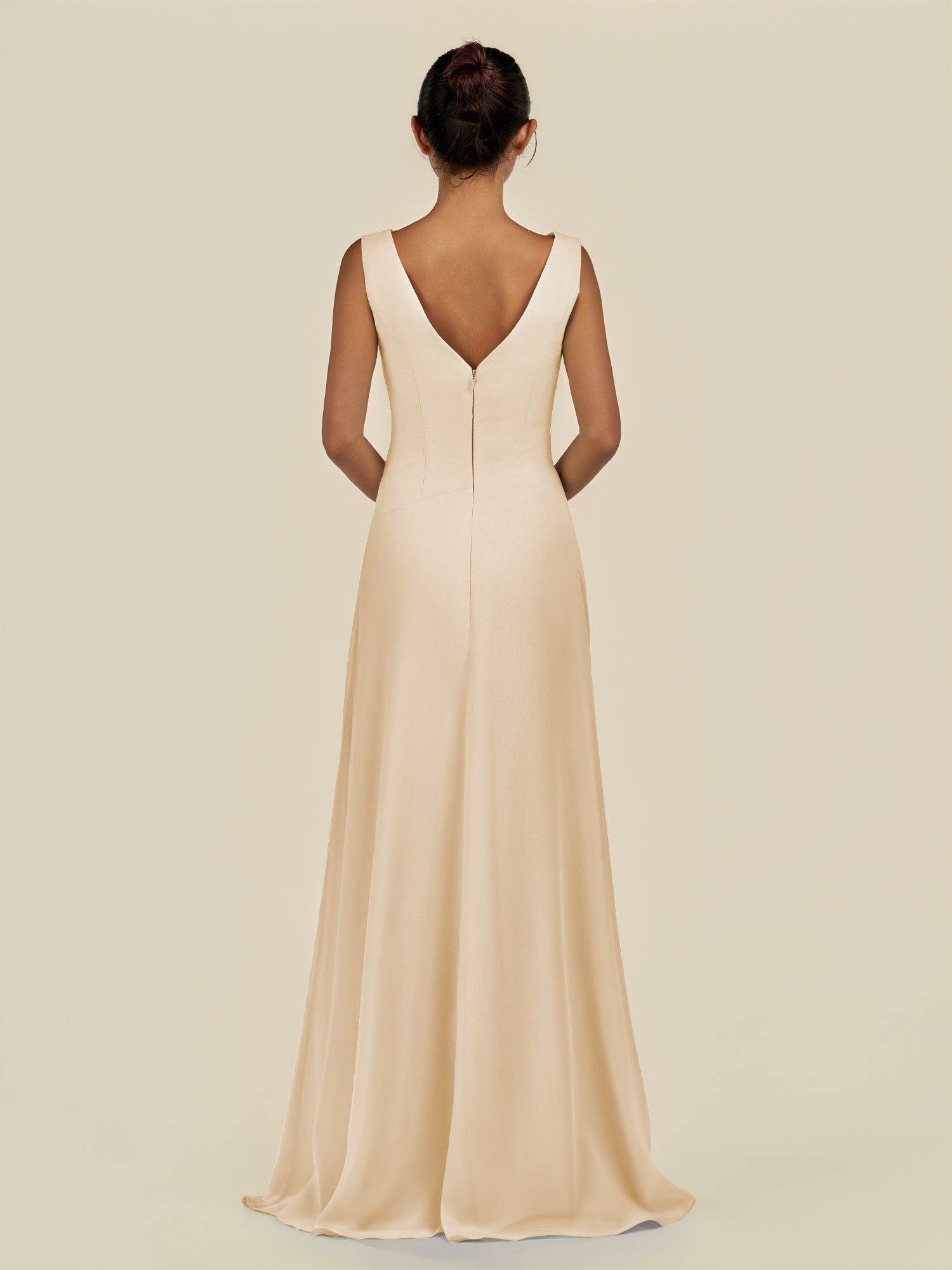 KissDress-Saphir Champagne A Line Chiffon V Neck Ruched Long Bridesmaid Dress with Slit