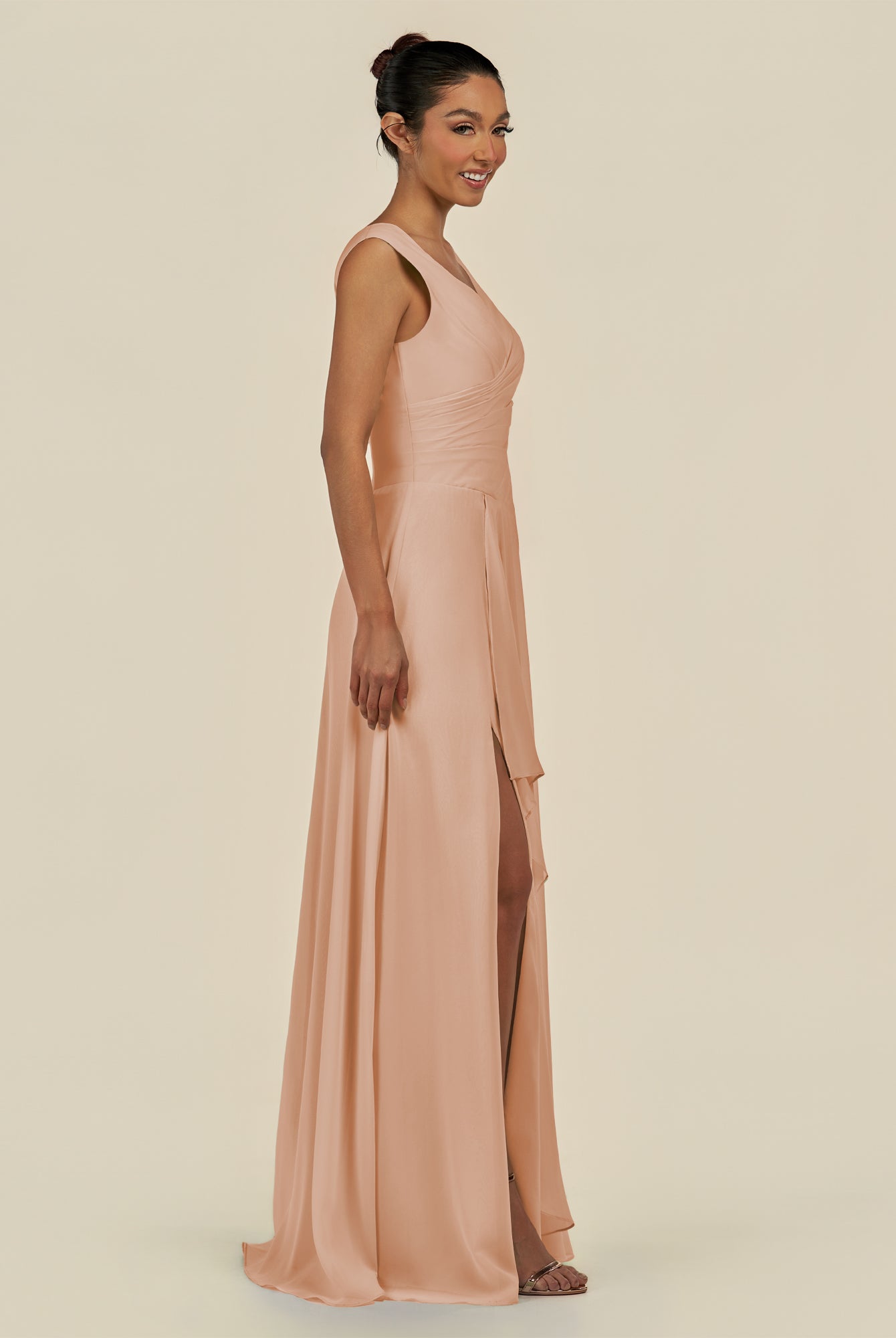KissDress-Saphir Champagne Rose A Line Chiffon V Neck Ruched Long Bridesmaid Dress with Slit
