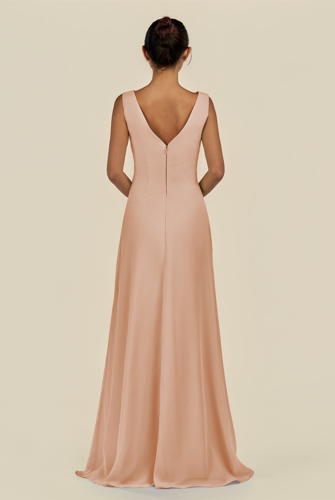 KissDress-Saphir Champagne Rose A Line Chiffon V Neck Ruched Long Bridesmaid Dress with Slit