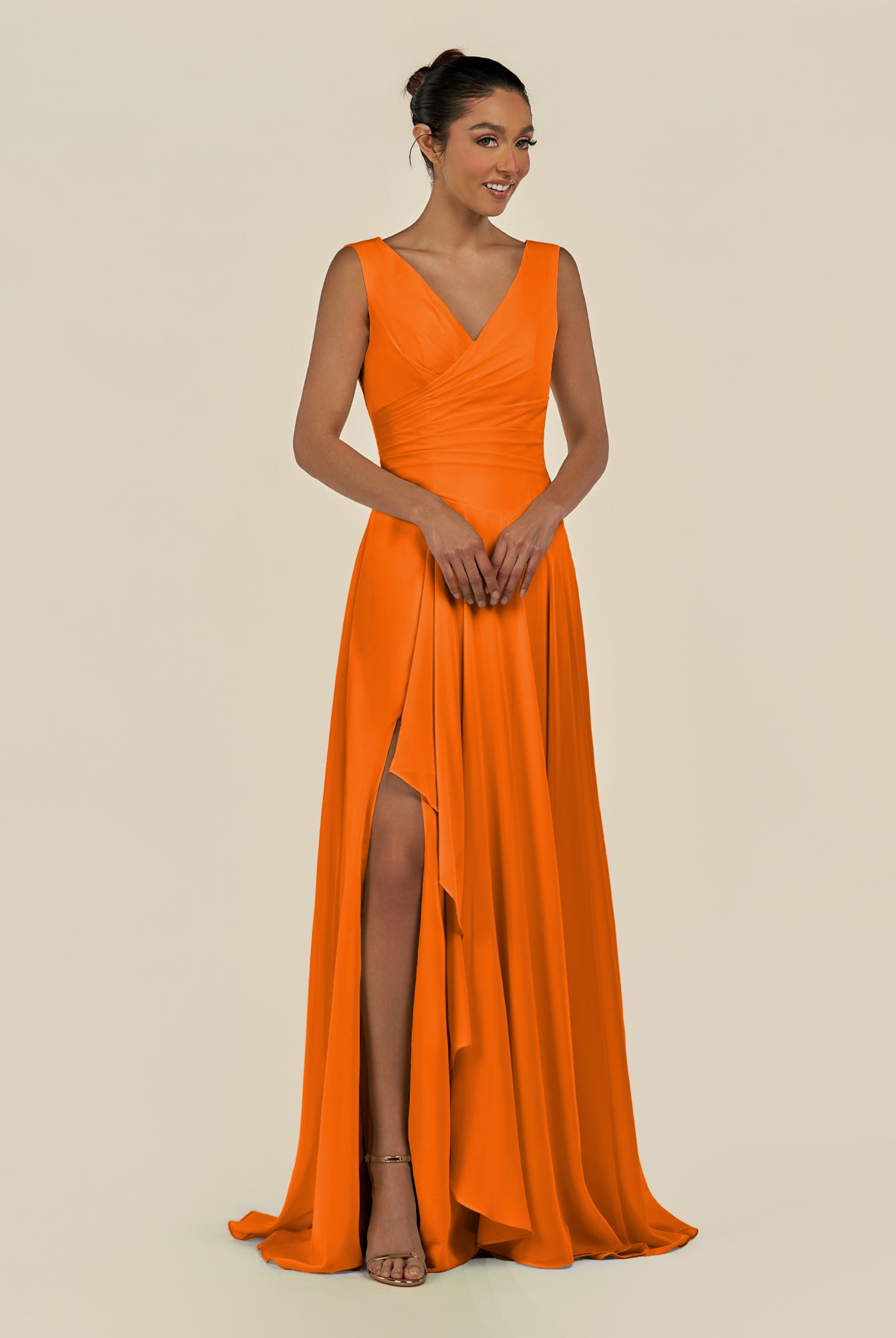 KissDress-Saphir Cinnamon A Line Chiffon V Neck Ruched Long Bridesmaid Dress with Slit