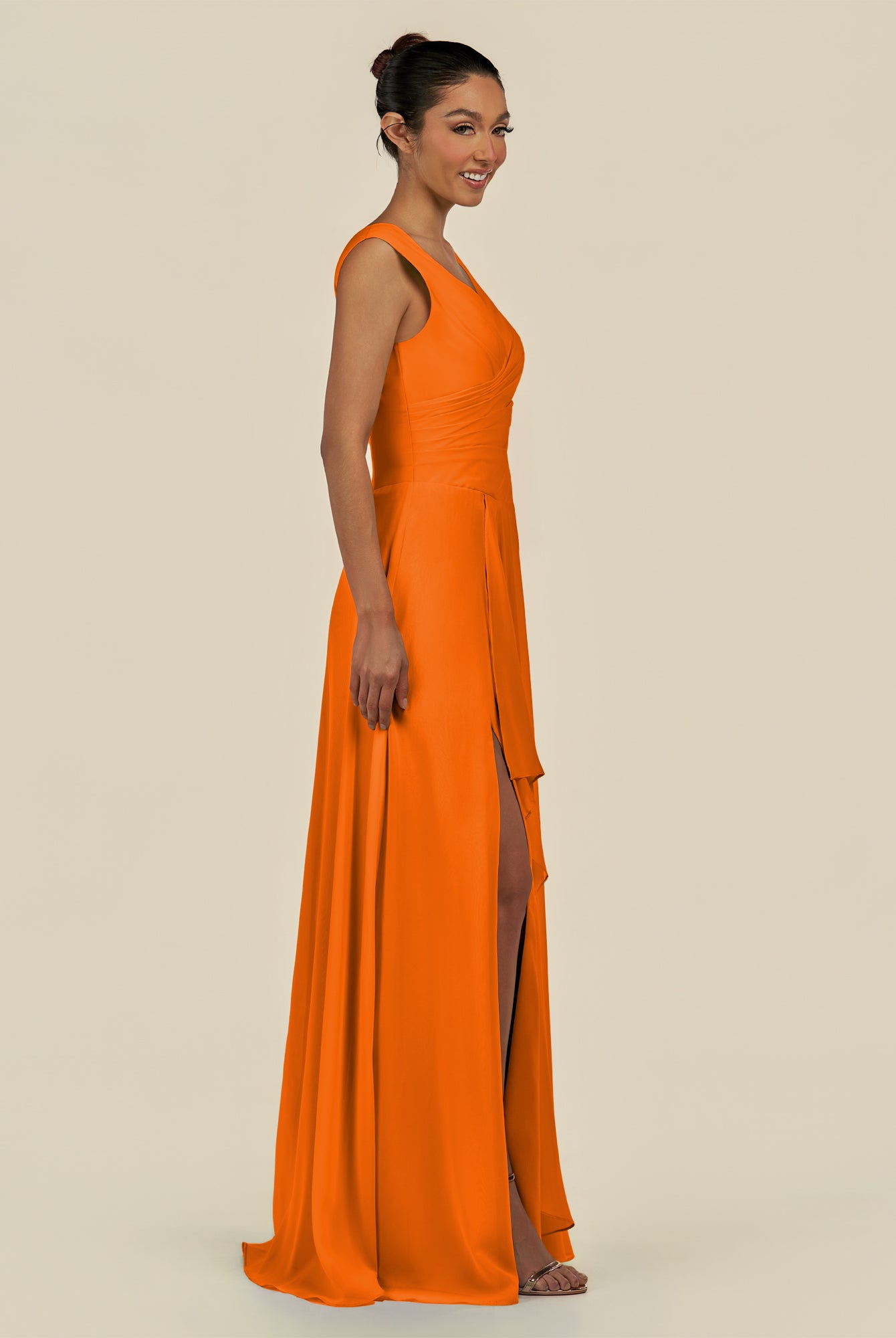KissDress-Saphir Cinnamon A Line Chiffon V Neck Ruched Long Bridesmaid Dress with Slit