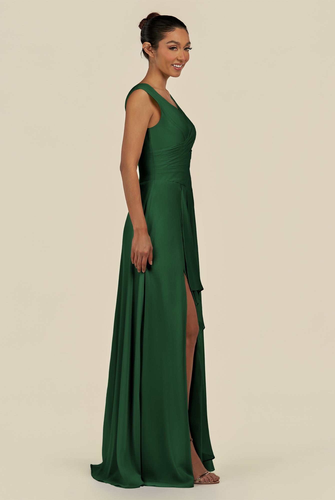 KissDress-Saphir Dark Green A Line Chiffon V Neck Ruched Long Bridesmaid Dress with Slit