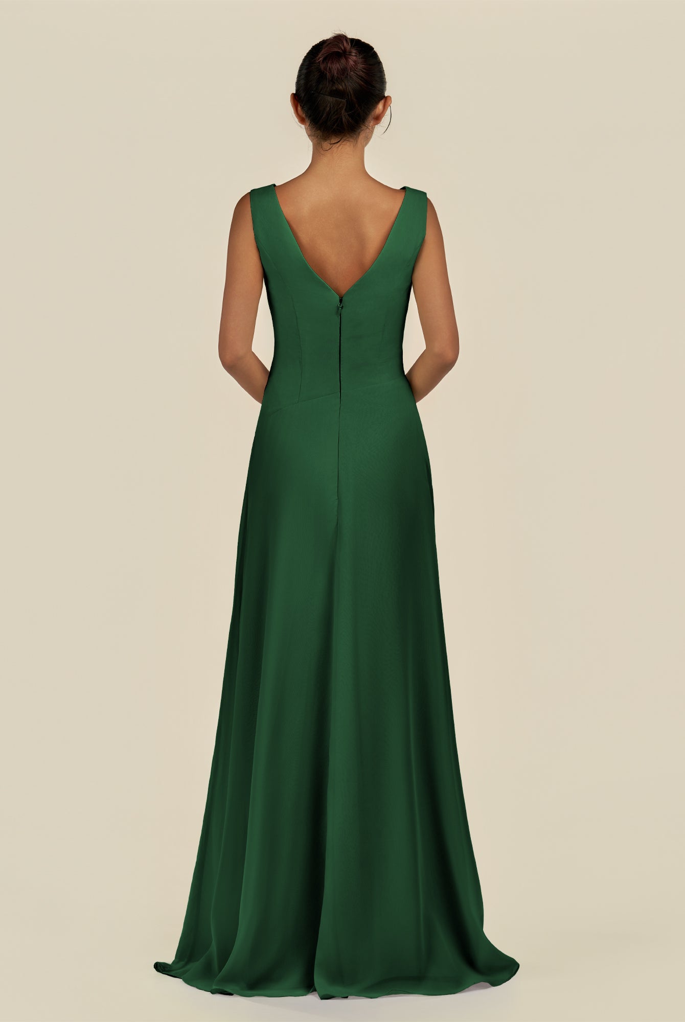 KissDress-Saphir Dark Green A Line Chiffon V Neck Ruched Long Bridesmaid Dress with Slit