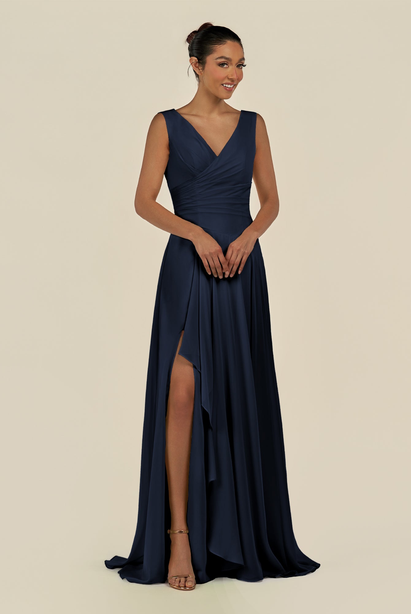 KissDress-Saphir Dark Navy A Line Chiffon V Neck Ruched Long Bridesmaid Dress with Slit
