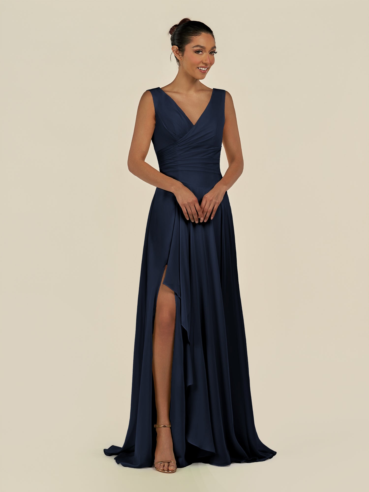 KissDress-Saphir Dark Navy A Line Chiffon V Neck Ruched Long Bridesmaid Dress with Slit