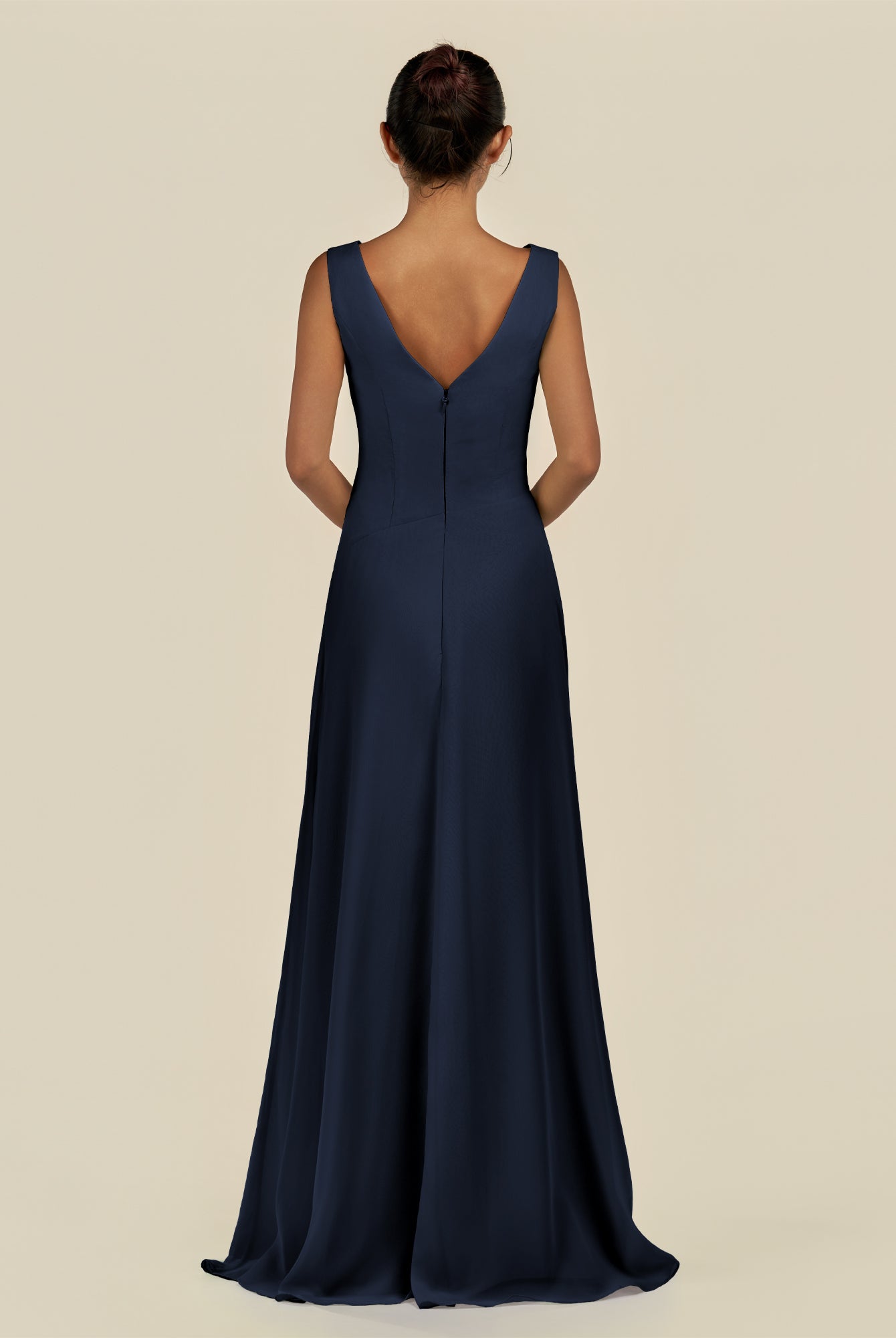 KissDress-Saphir Dark Navy A Line Chiffon V Neck Ruched Long Bridesmaid Dress with Slit