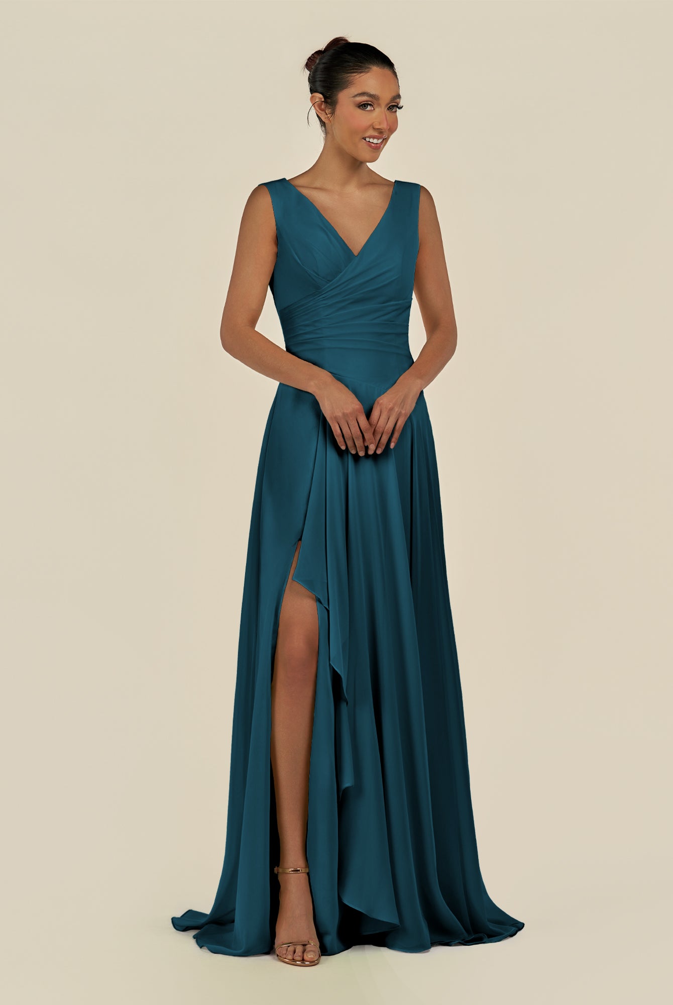 KissDress-Saphir Dark Teal A Line Chiffon V Neck Ruched Long Bridesmaid Dress with Slit